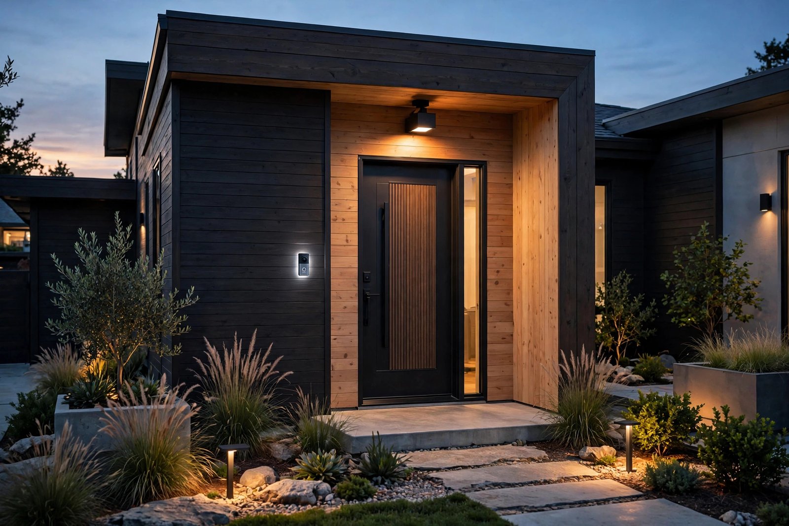 Modern home entrance at dusk with a glowing smart video doorbell, warm porch light and neatly landscaped stone path