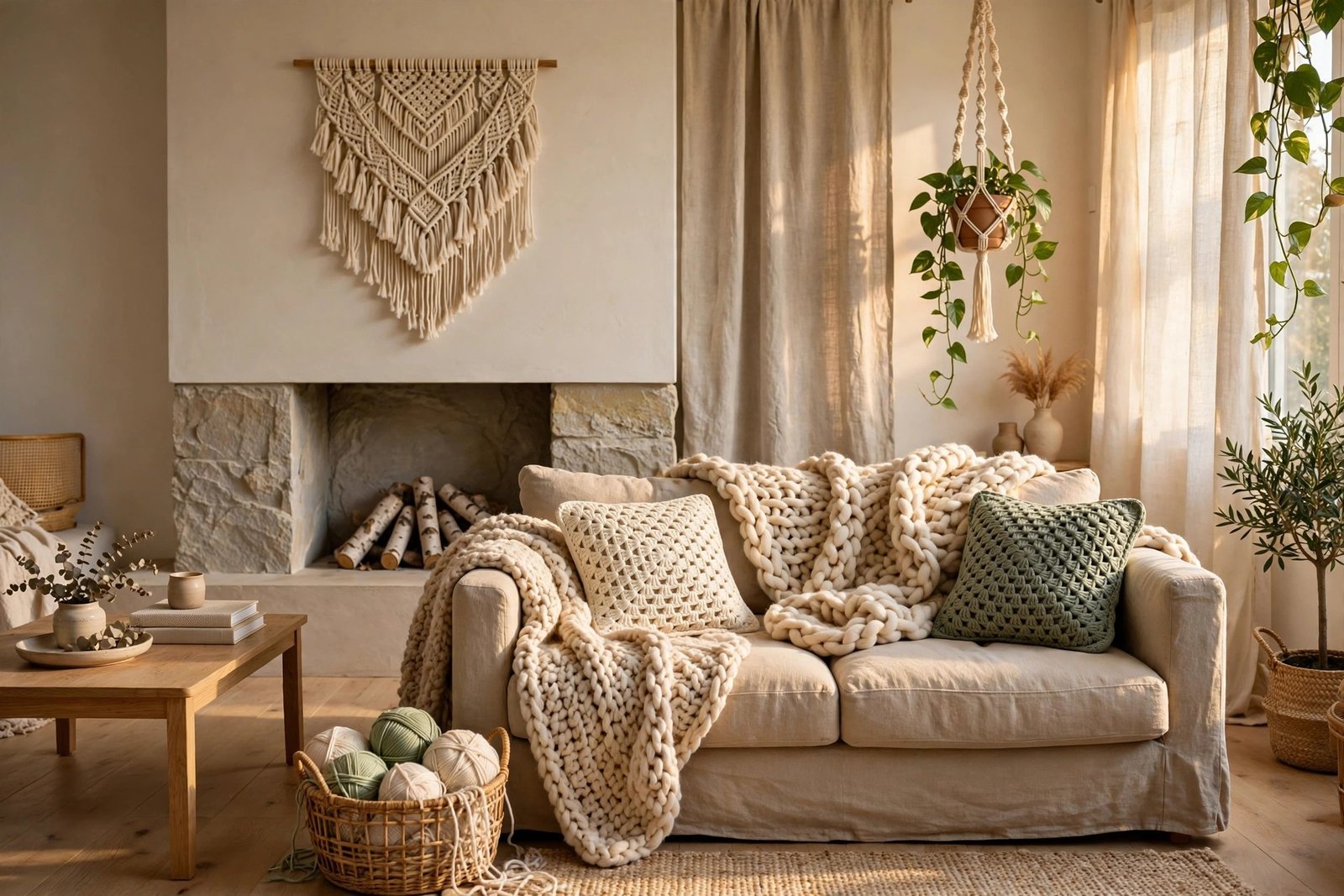 Cozy living room with handmade crochet throw draped over a linen sofa, textured crochet cushion covers, and a round crochet wall hanging above a wooden sideboard