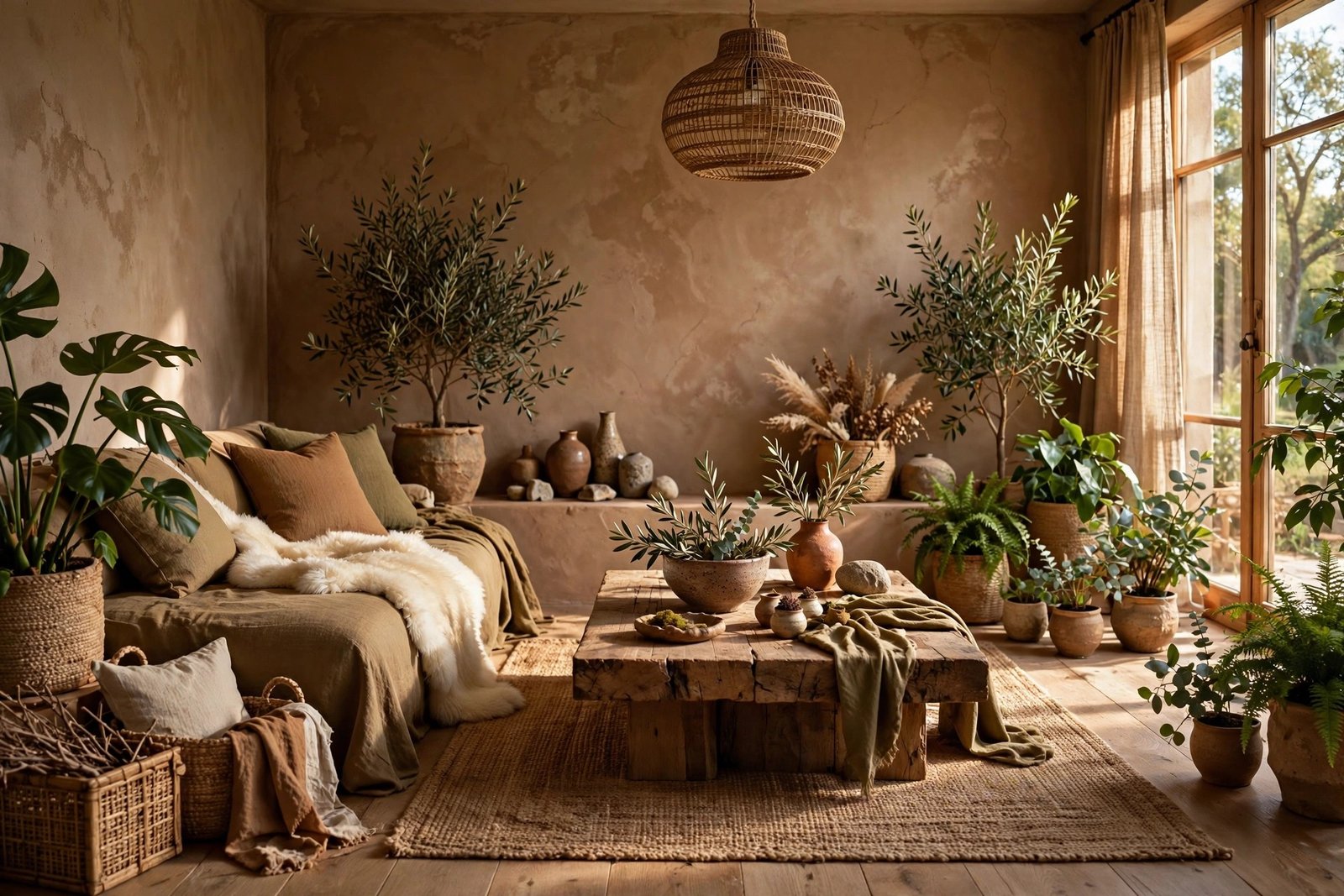 Photorealistic earthy living room with terracotta clay walls, natural wood coffee table, stone fireplace, linen sofa, jute rug, and lush indoor plants in ceramic pots