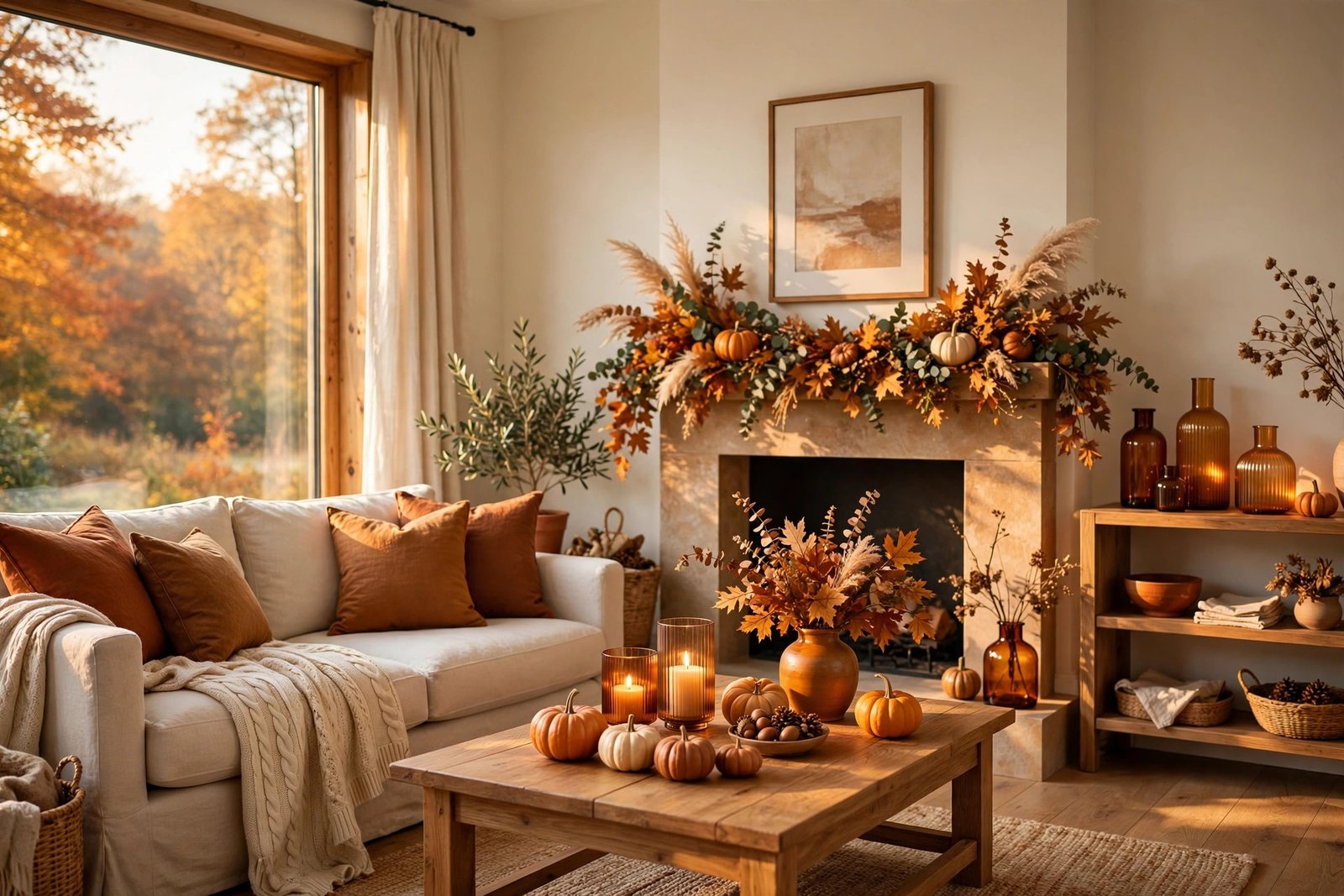Cozy fall living room decorated for autumn with pumpkins, a fall foliage garland on the mantel, warm amber candles, and rust-colored throw pillows