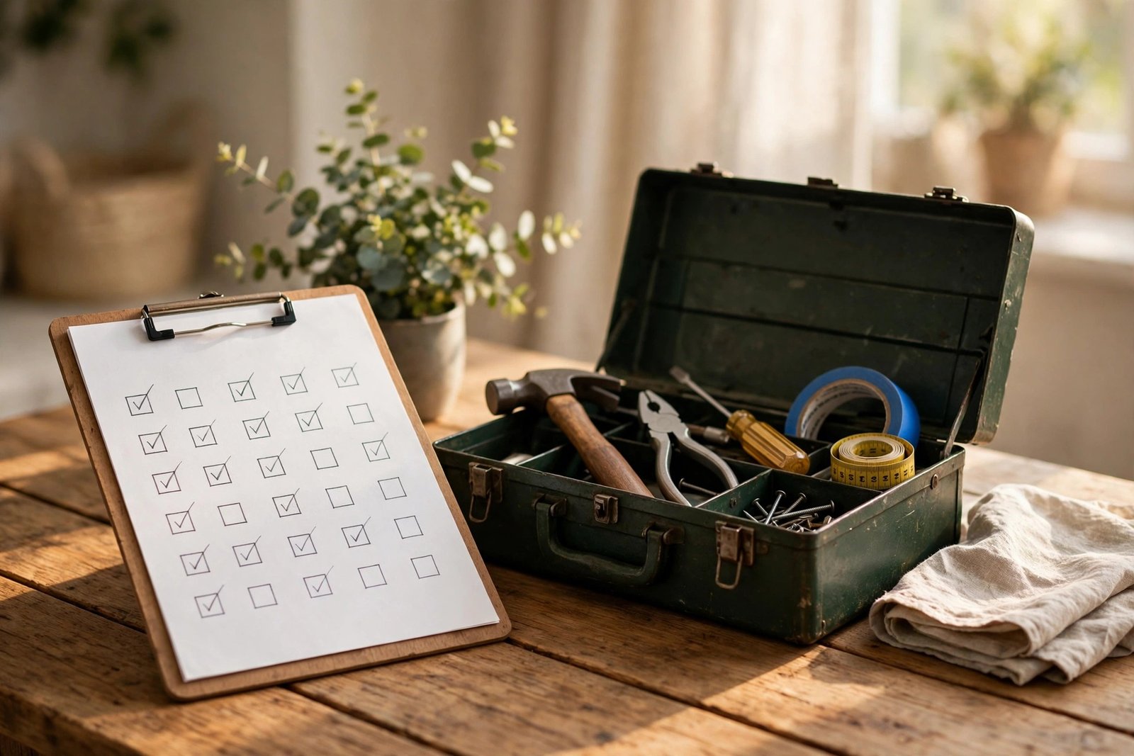 Clipboard with a home maintenance checklist and an open toolbox on a wooden table in a tidy home, warm morning light