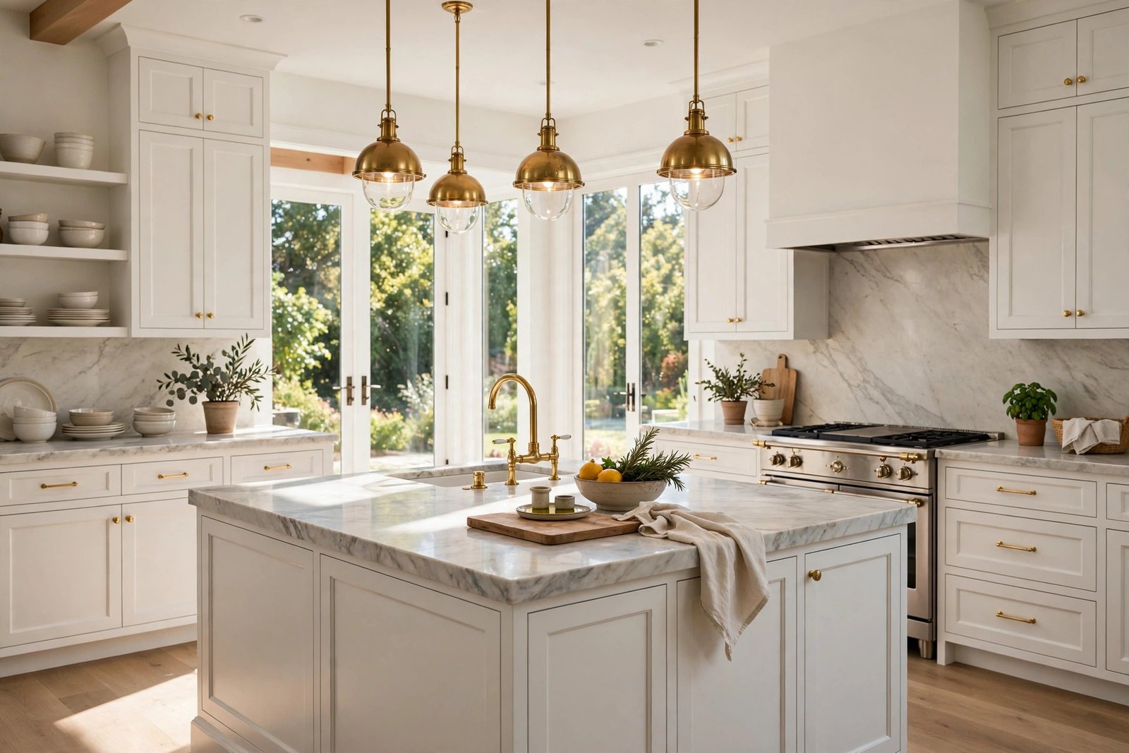 Newly remodeled kitchen with white shaker cabinets, veined marble island, brass faucet and pendants, sunlit wood floors