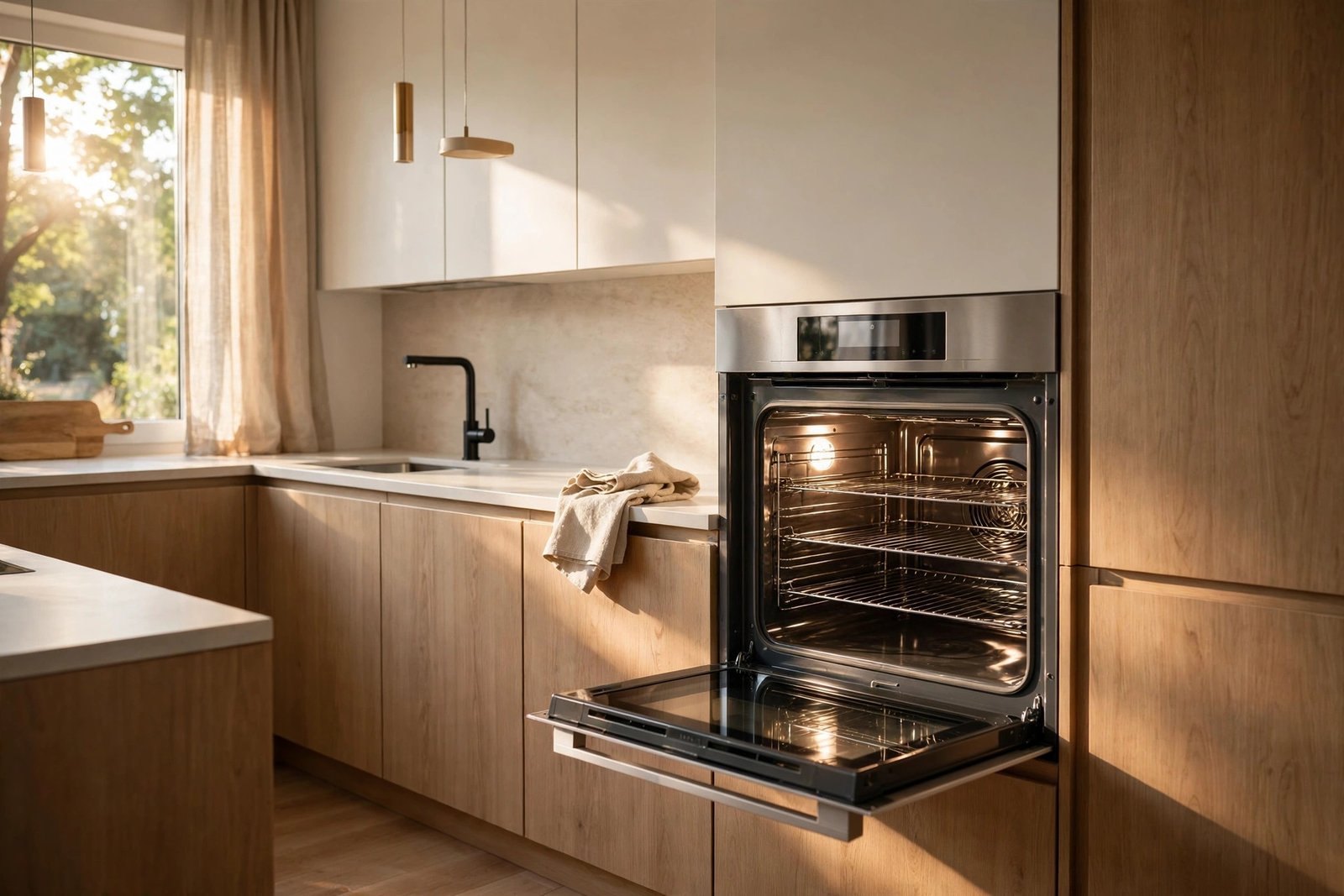 A spotless modern kitchen with an open gleaming oven, a soft cleaning cloth resting nearby, warm daylight streaming in