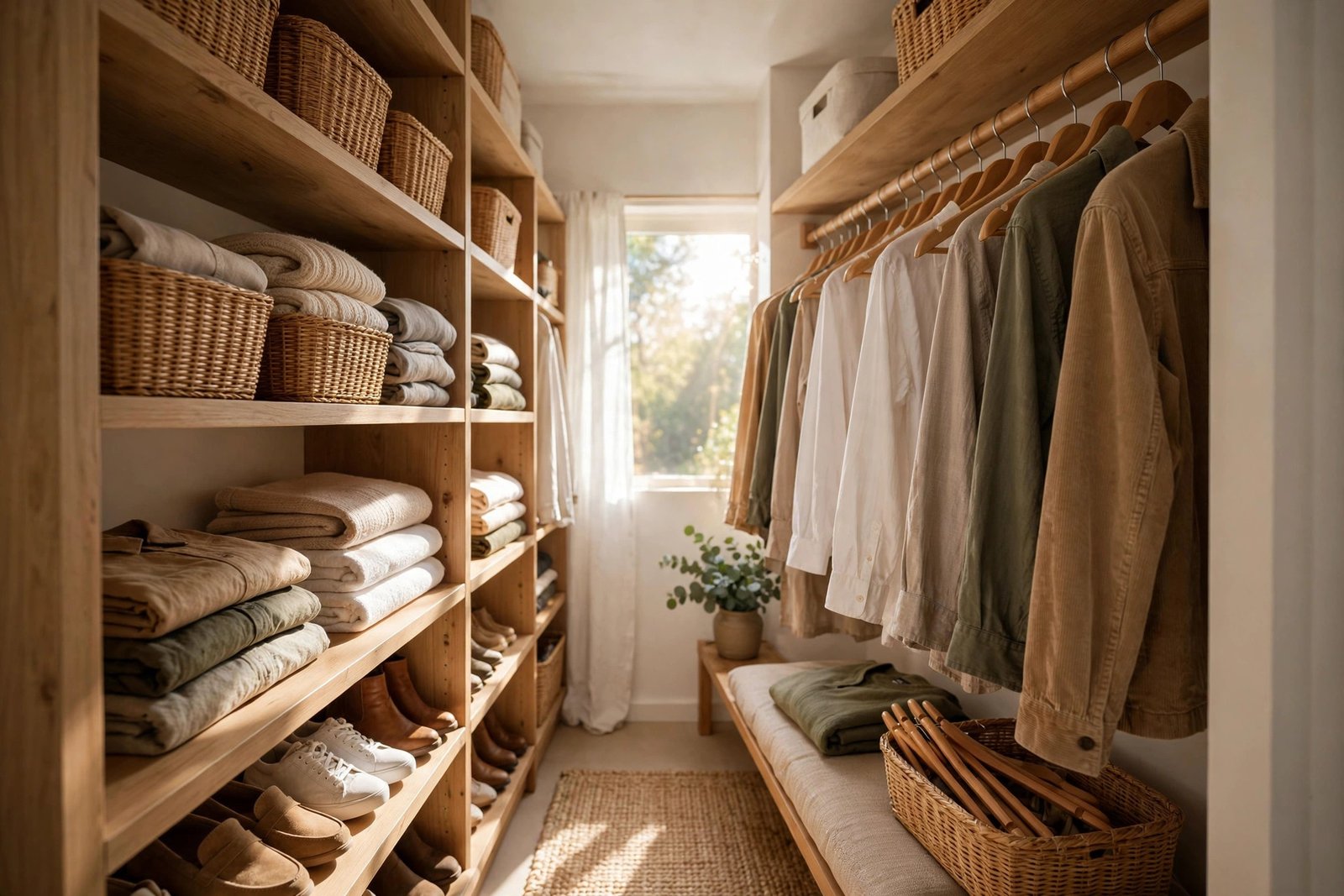 Sunlit small walk-in closet with light wood shelving, woven storage baskets, neatly folded neutral clothes, and matching wooden hangers on a brass rail