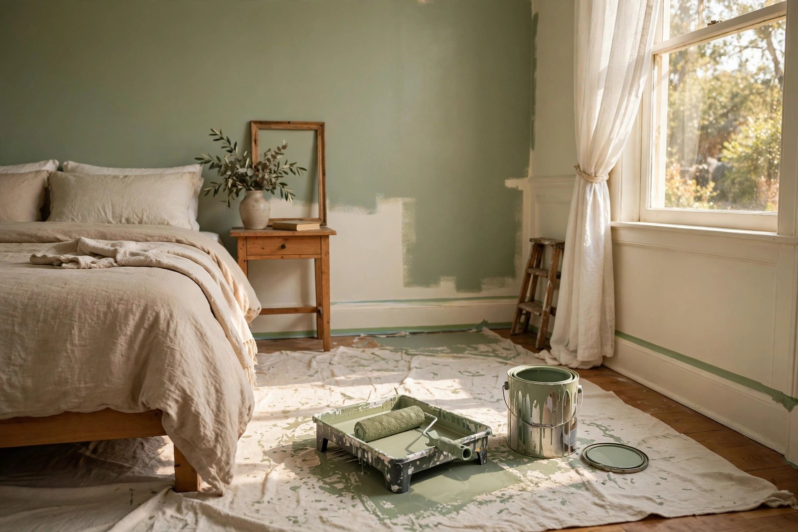 Empty bedroom mid-makeover with a sage-green painted wall, paint roller tray, drop cloth covering the floor, bright daylight from a window