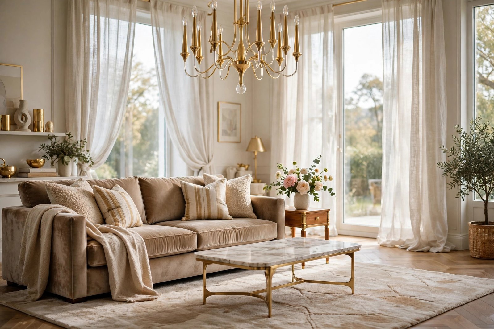 Elegant luxury living room with velvet sofa, marble coffee table and chandelier in soft natural light