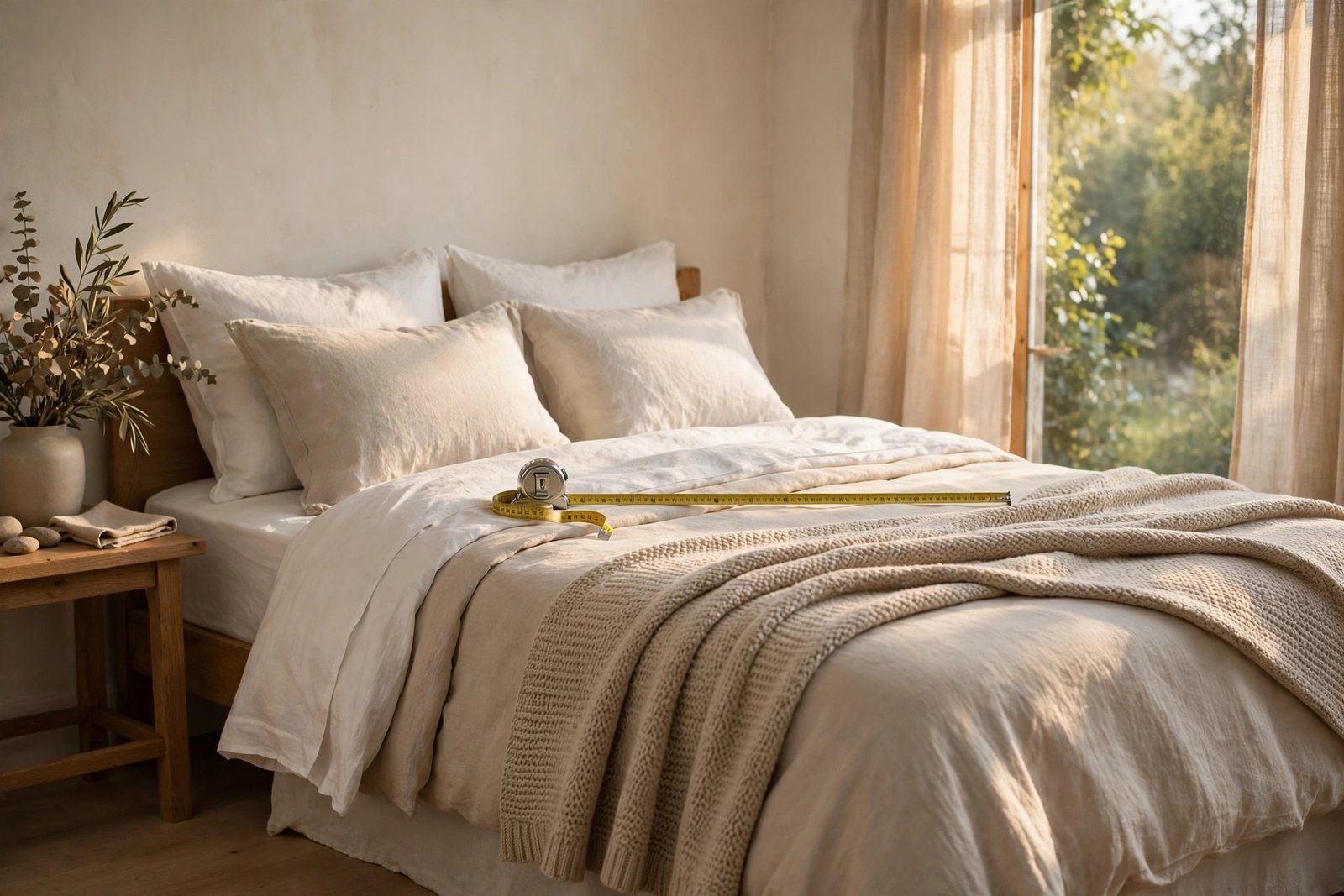 Serene bedroom with a neatly made bed, layered white and beige bedding, a measuring tape laid across the mattress, bathed in soft morning light