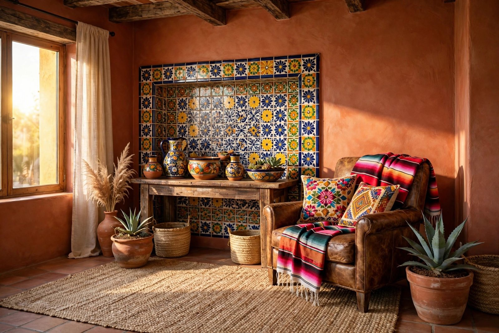 Photorealistic Mexican living room with warm terracotta walls, Talavera-tiled archway, rustic wood beams, striped serape throw, embroidered pillows and hand-painted pottery