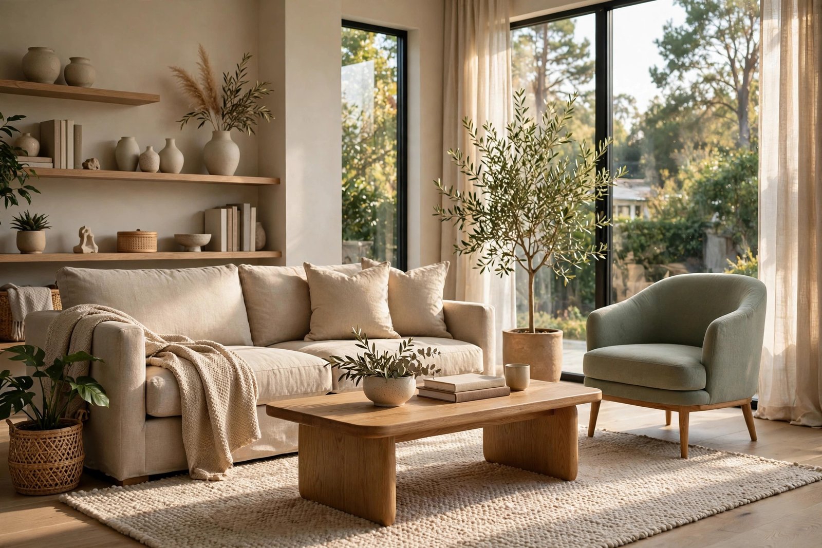 Sunlit modern living room with beige linen sofa, oak coffee table, sage accent chair and open shelving styled with ceramics