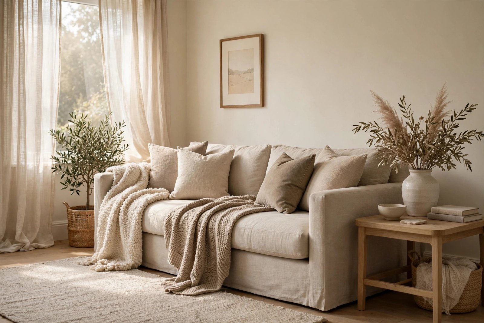 Photorealistic warm neutral-toned living room with cream boucle sofa, beige linen curtains, oak coffee table, layered wool rugs and soft morning sunlight