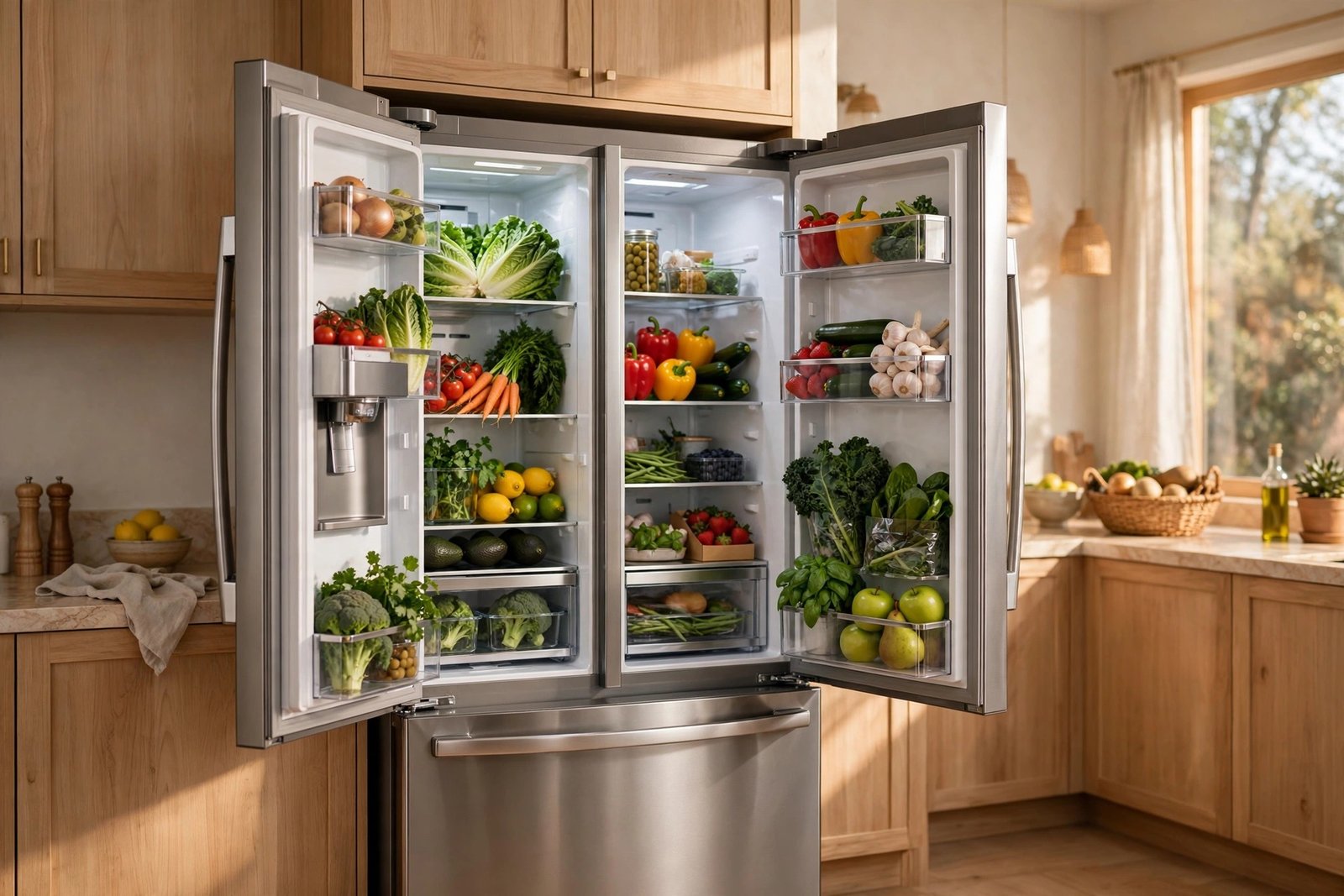 Modern stainless steel refrigerator with both doors open showing fresh produce, bright kitchen background in warm daylight