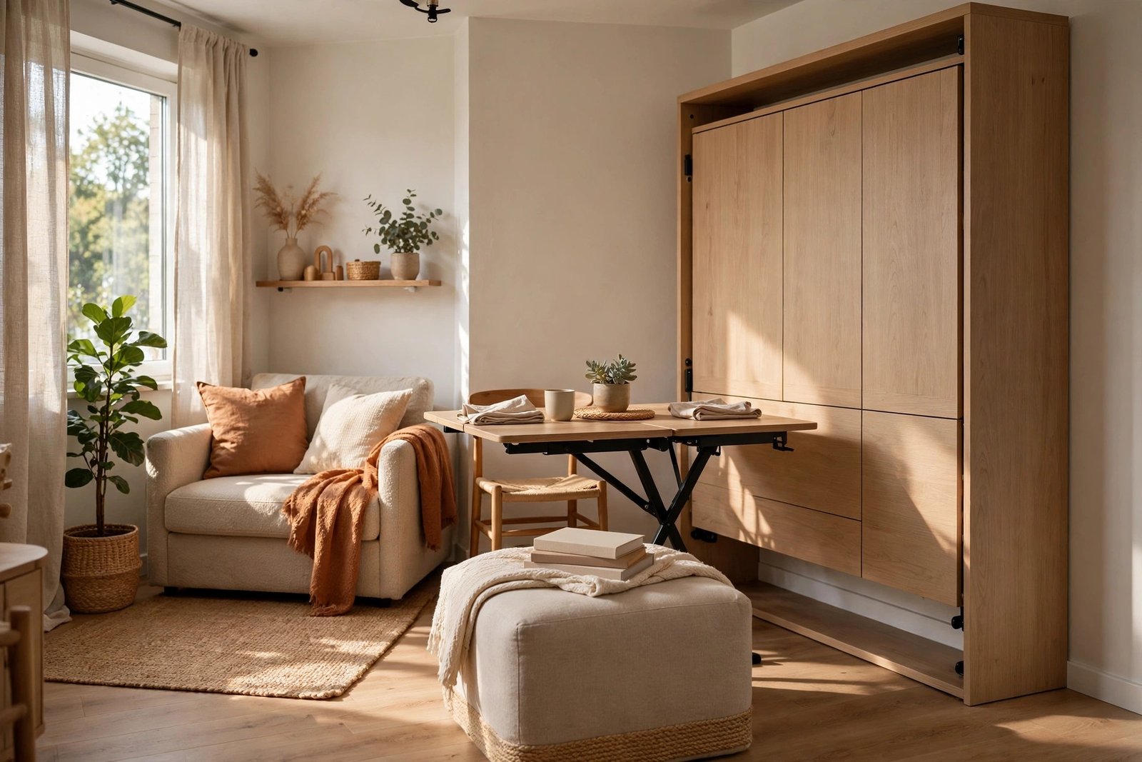 Bright small studio apartment with a folded-up light oak Murphy bed cabinet flanked by white shelving, a sofa and plants in front, sunlight through a window
