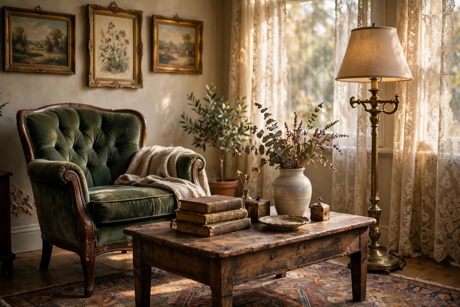 Charming vintage-style living room with a tufted velvet armchair, antique wooden coffee table, brass floor lamp and framed vintage artwork