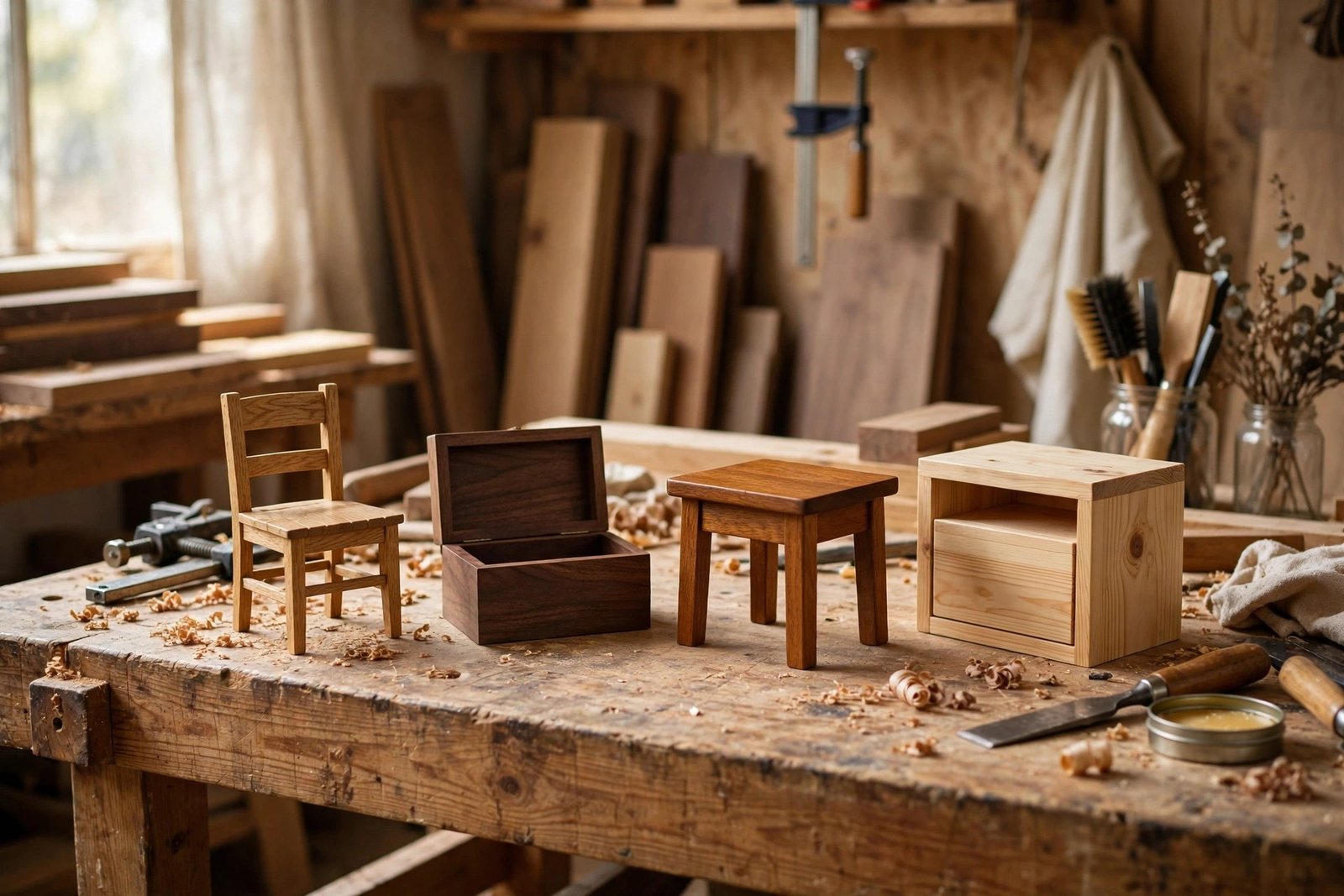 Carpenter's workshop bench with oak, walnut, teak and pine wood furniture samples in soft window light