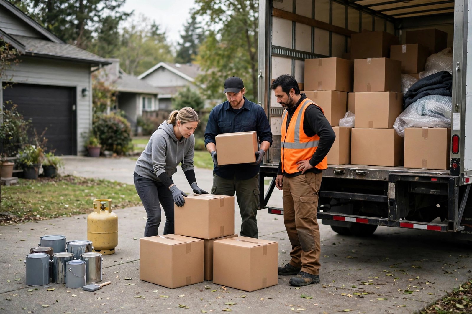 Moving crew beside a loaded moving truck reviewing boxes in a driveway, with paint cans and a propane tank set aside separately, photorealistic home moving photography