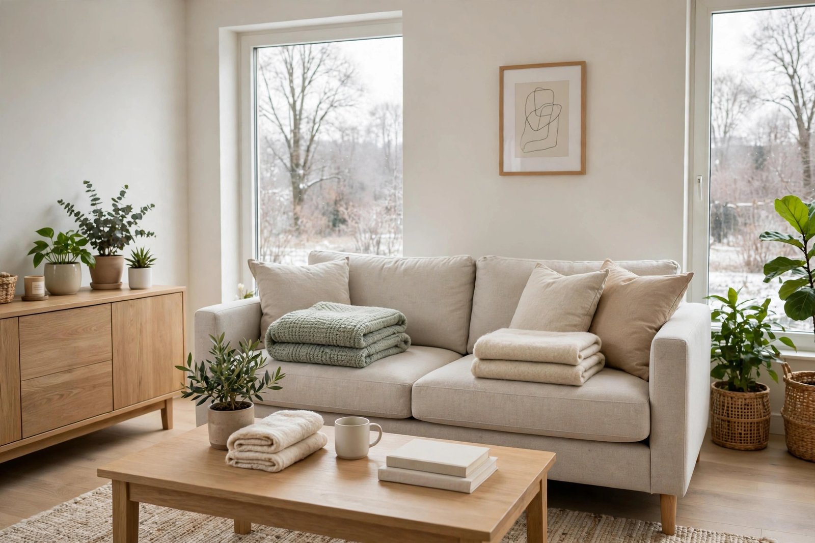 A bright, freshly organised living room in January with clean surfaces, a few green plants, folded blankets and soft natural daylight