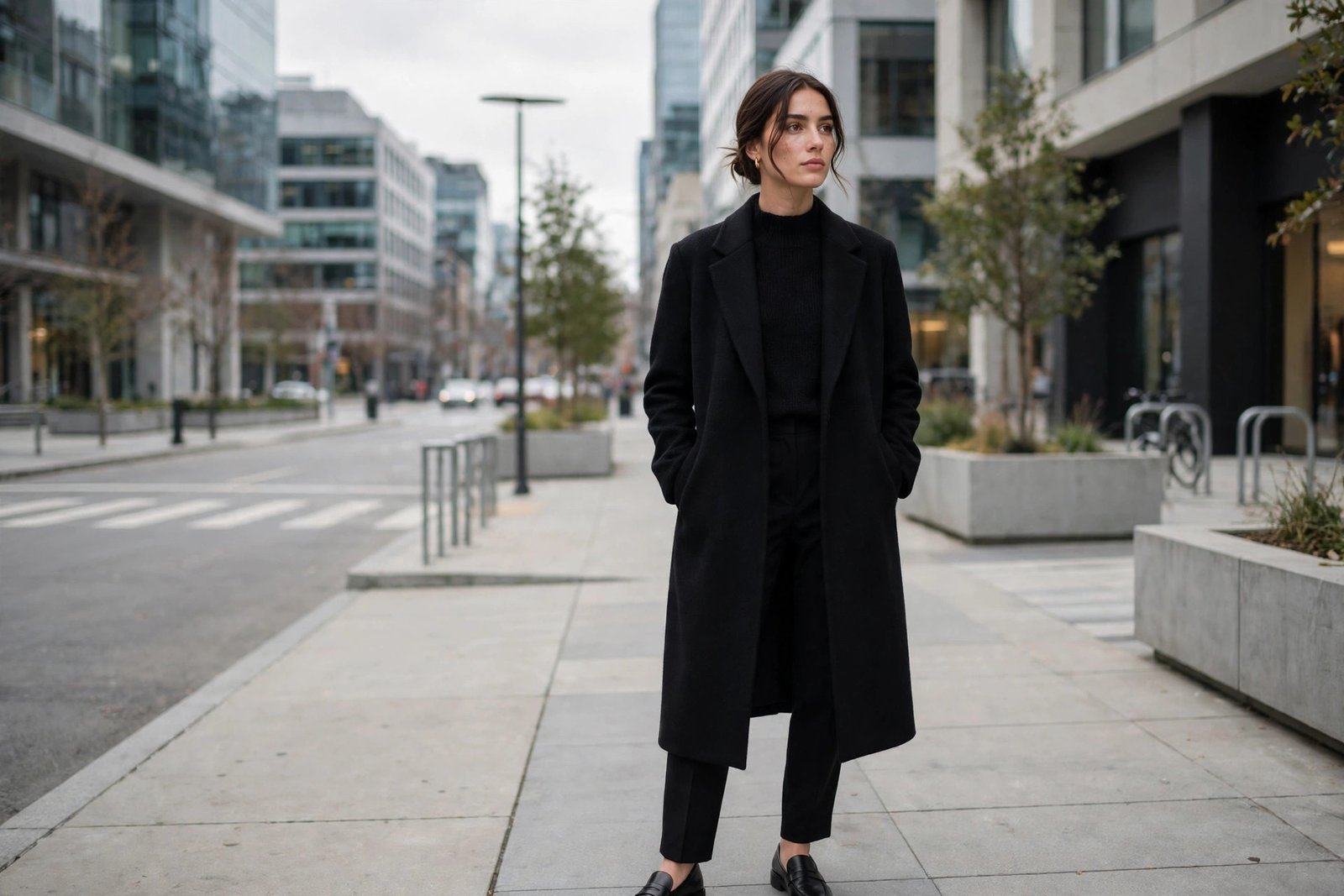 A woman in a minimal all-black outfit with a long wool coat, black knit top, tailored trousers and leather loafers standing in a modern city setting