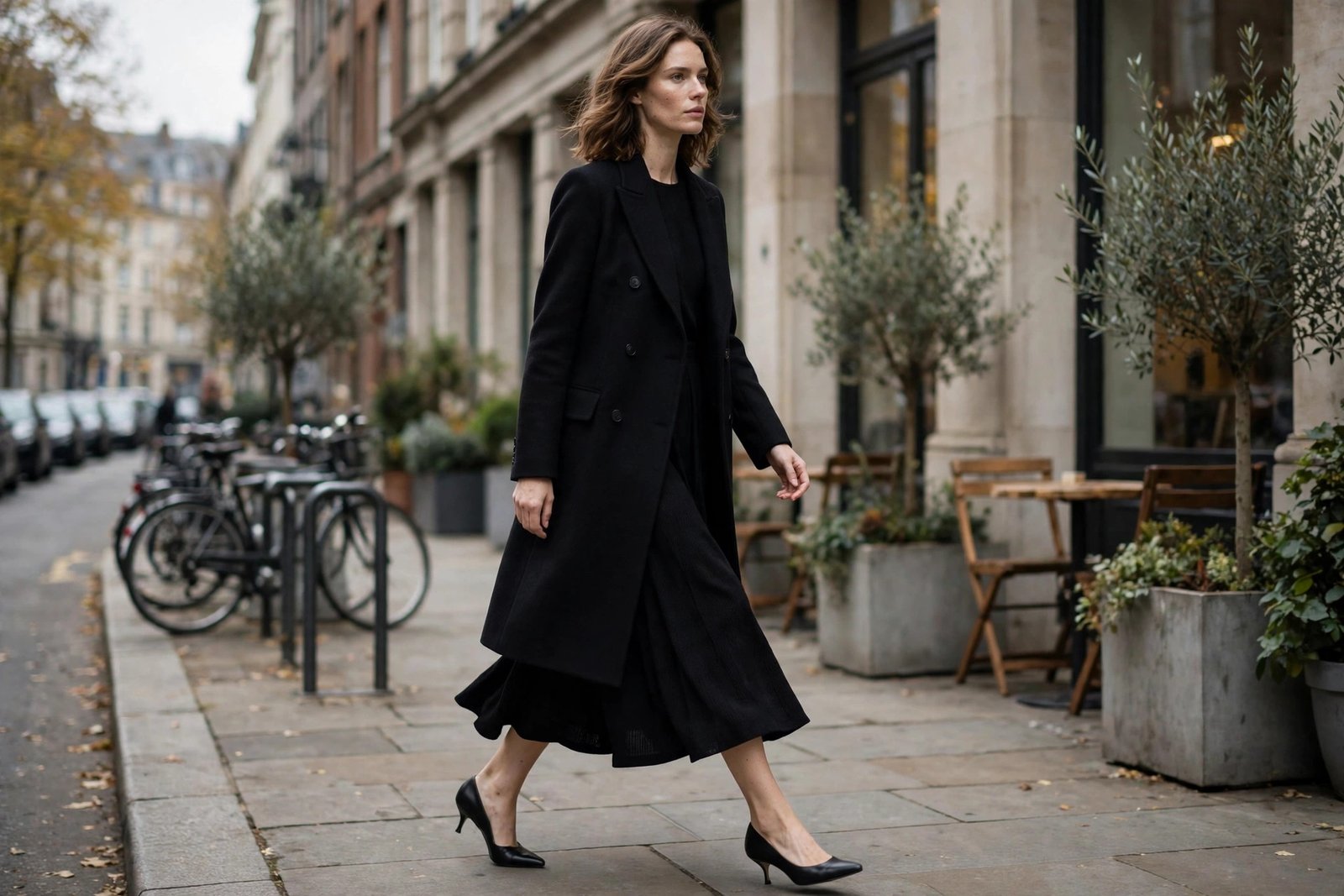 Woman wearing black kitten heel pumps with a midi dress and tailored coat walking on a city street, photorealistic editorial fashion photography