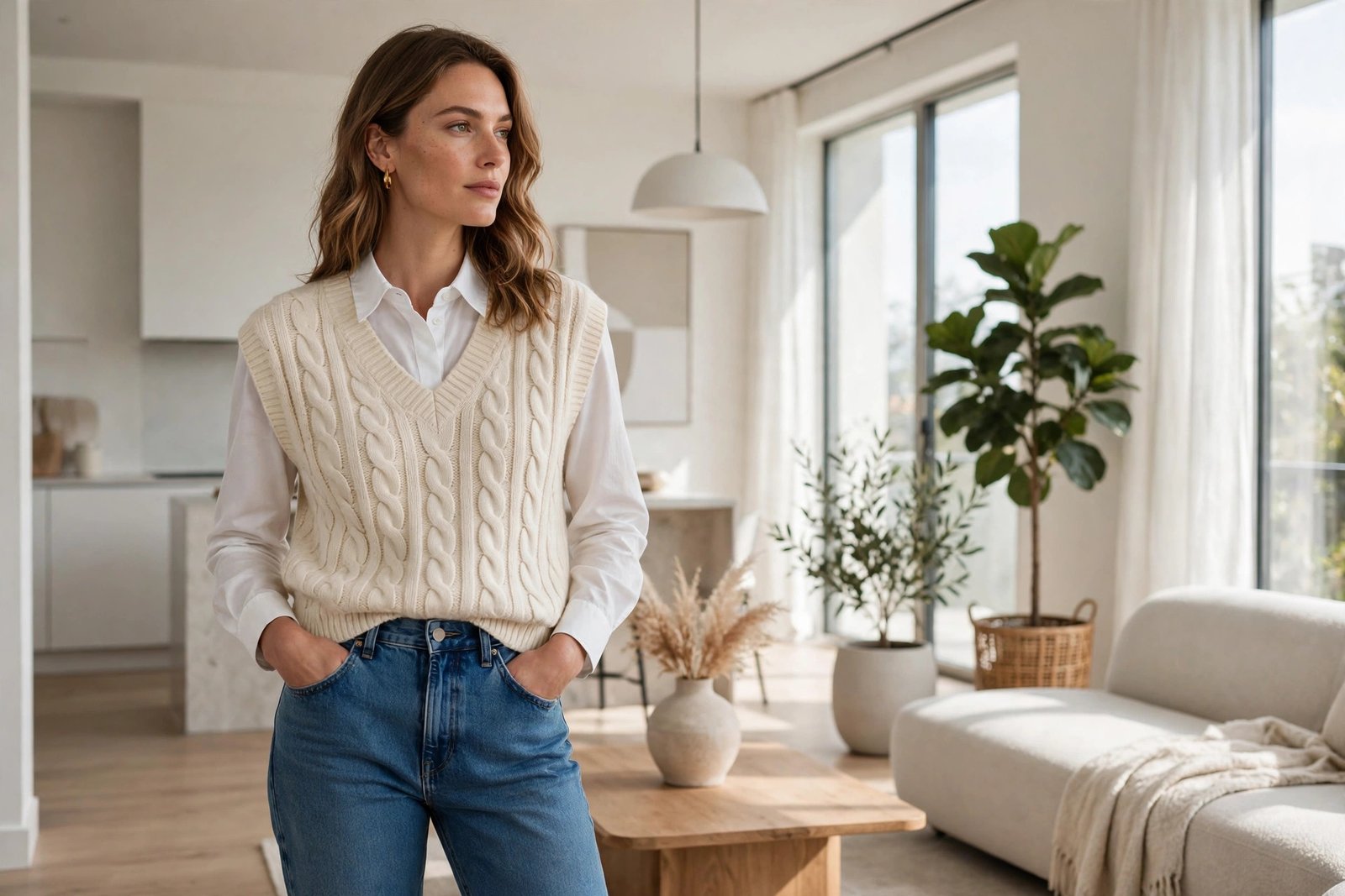 Woman wearing a cream cable-knit sweater vest over a white collared shirt with high-waisted jeans, standing in a bright modern interior, photorealistic editorial fashion photography