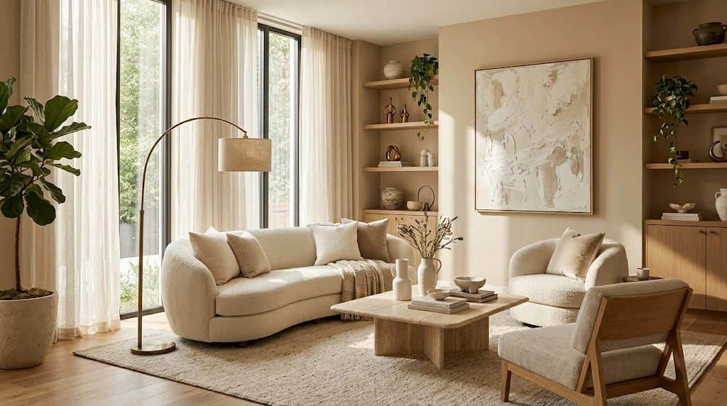Bright living room with newly installed white double-hung replacement windows, sunlight streaming over a sofa and wooden floor