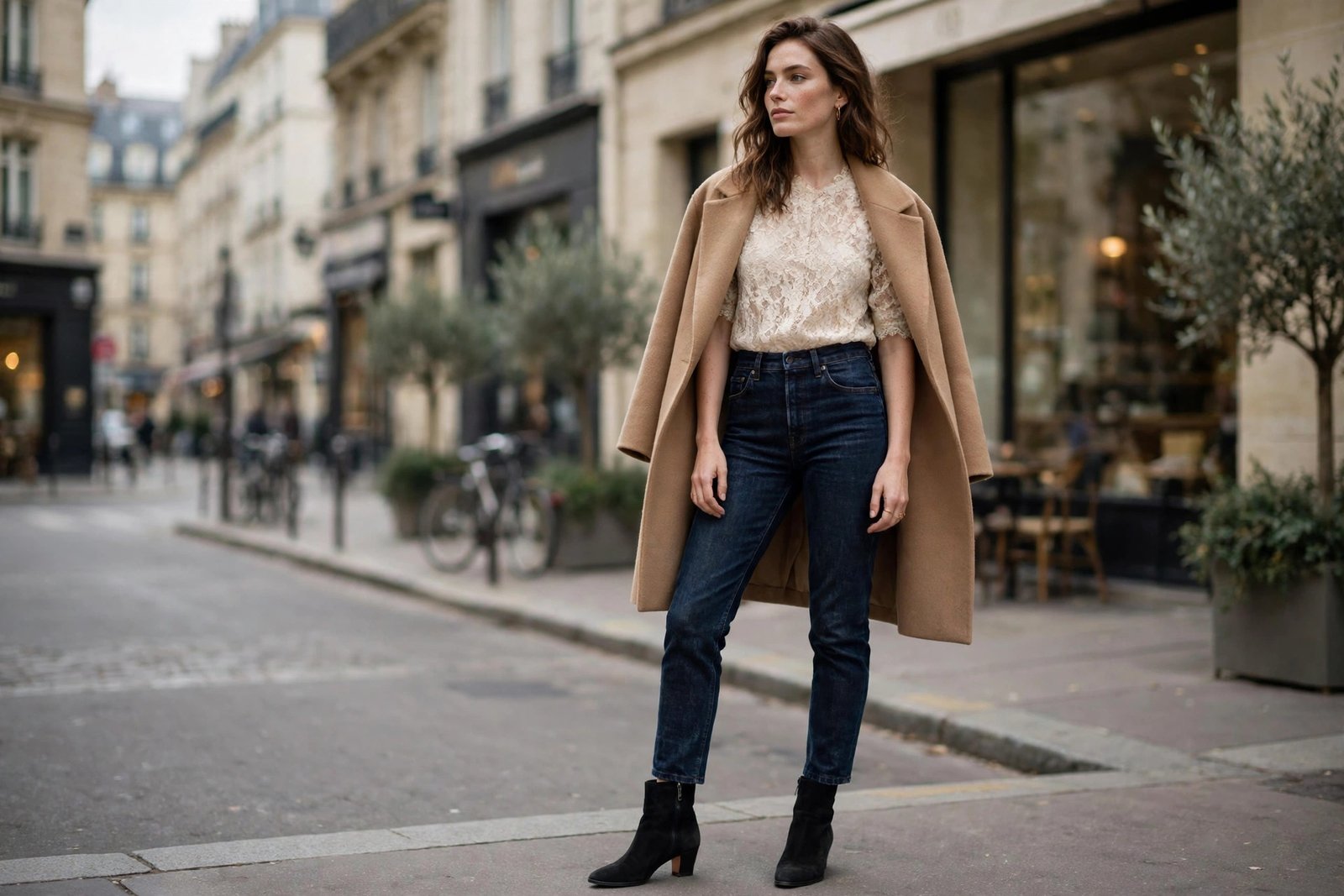 Woman wearing a cream lace blouse tucked into high-waisted dark jeans with ankle boots and a camel coat draped over her shoulders, standing in soft daylight on a city street, photorealistic editorial fashion photography