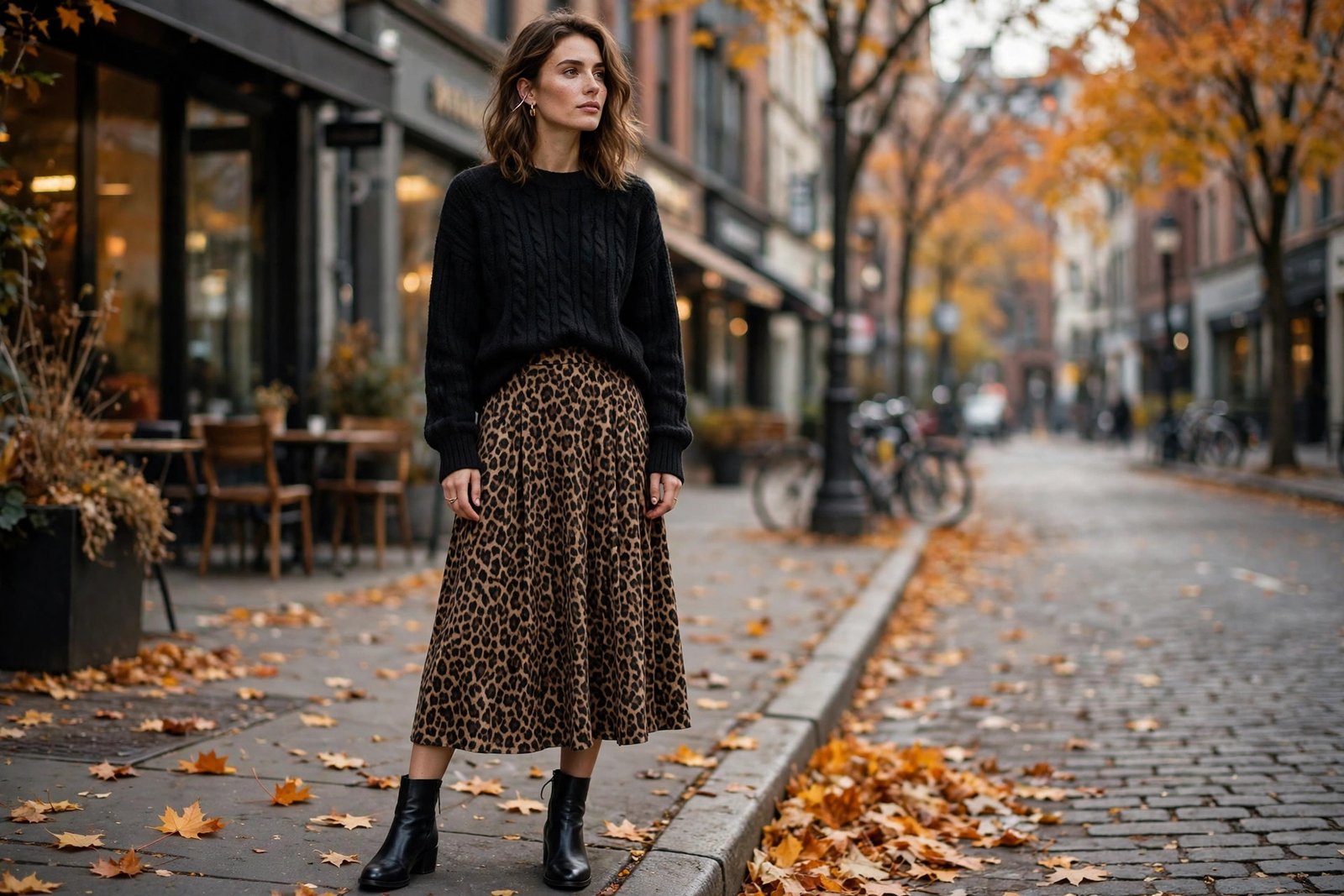 Woman in a leopard print midi skirt with a black knit sweater and ankle boots on a city street in autumn, photorealistic editorial fashion photography