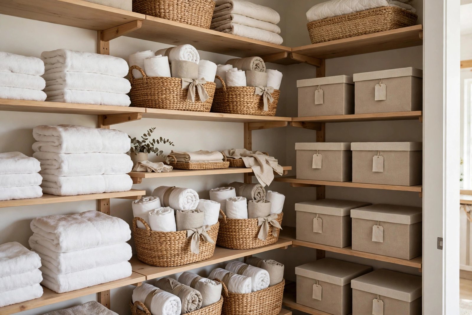 Beautifully organized linen closet with folded white towels, rolled bedding sets in baskets and labelled storage boxes, photorealistic interior photography