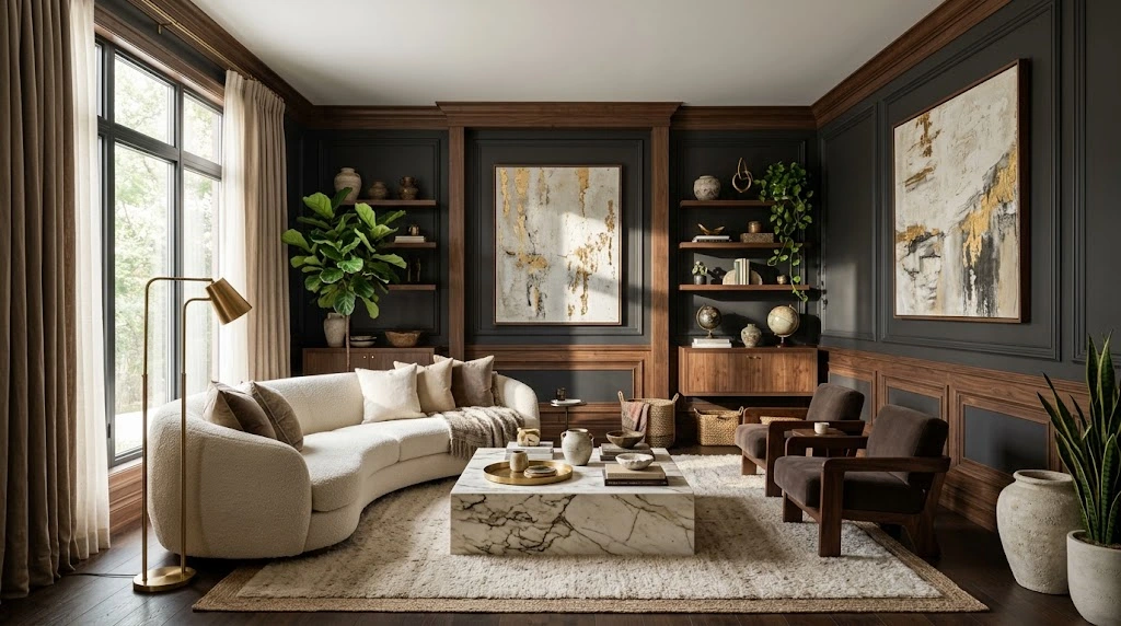 Living room fully colour drenched in deep green with matching walls, trim, bookcase and velvet sofa in warm lamplight