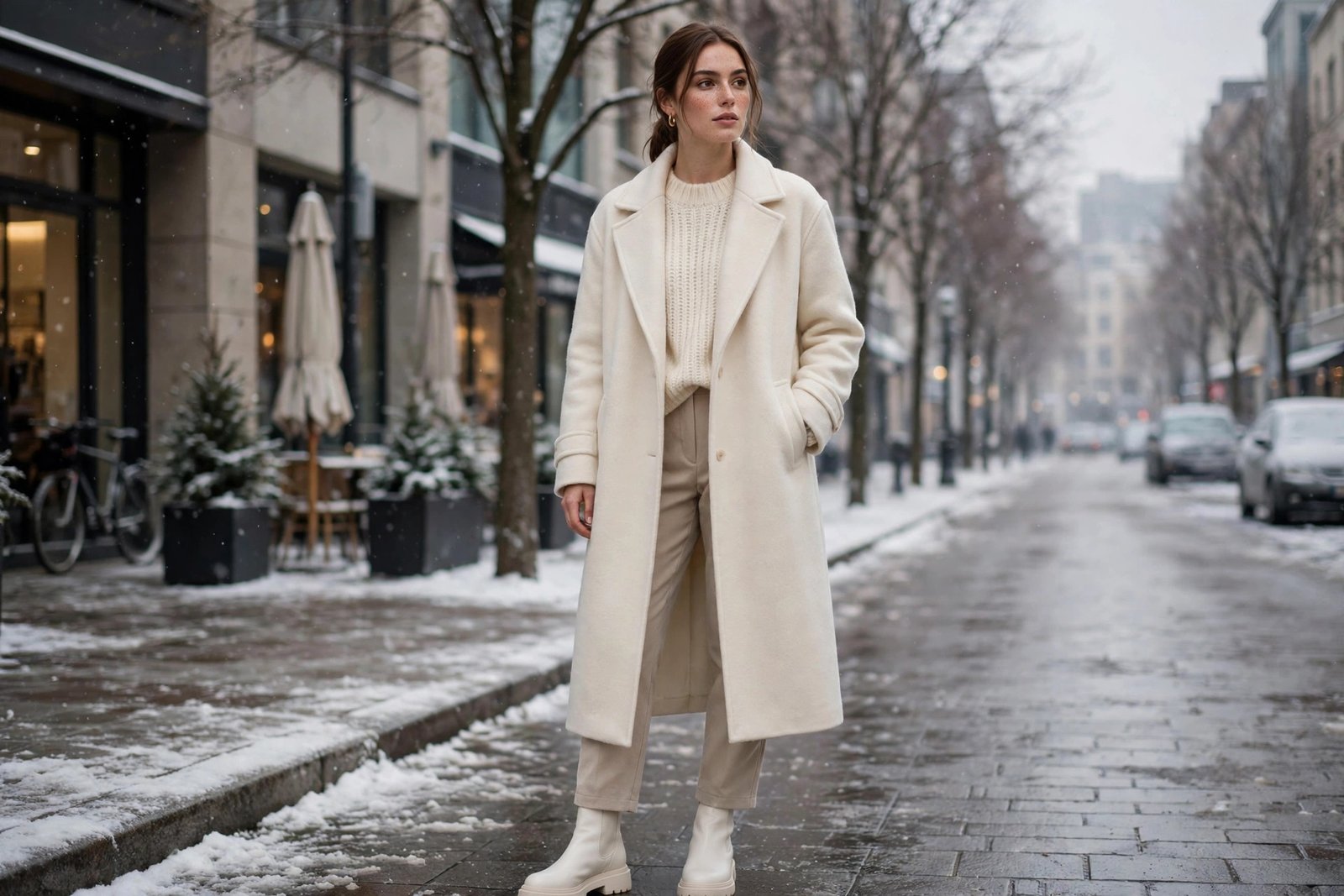 A woman in a cream long coat over a cream knit sweater, light trousers and white ankle boots in a winter city setting