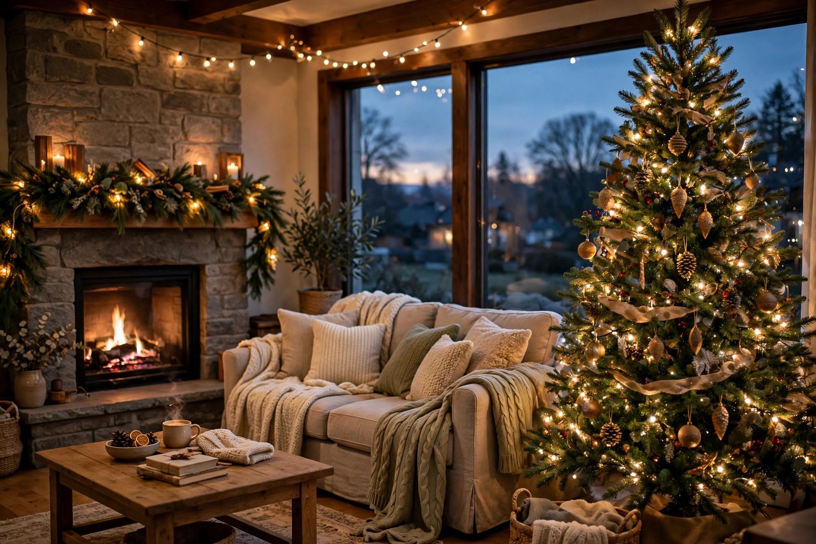 Warm festive living room at dusk with a decorated Christmas tree, glowing string lights, a fireplace mantel dressed with pine garland, and cosy knit throws on a sofa