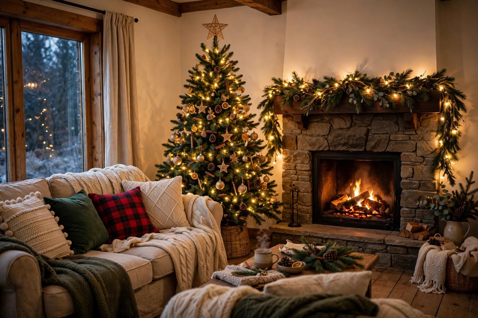 Cosy Christmas living room with a decorated tree beside a fireplace, pine garland on the mantel, warm glowing lights, and a sofa layered with knit throws and festive cushions