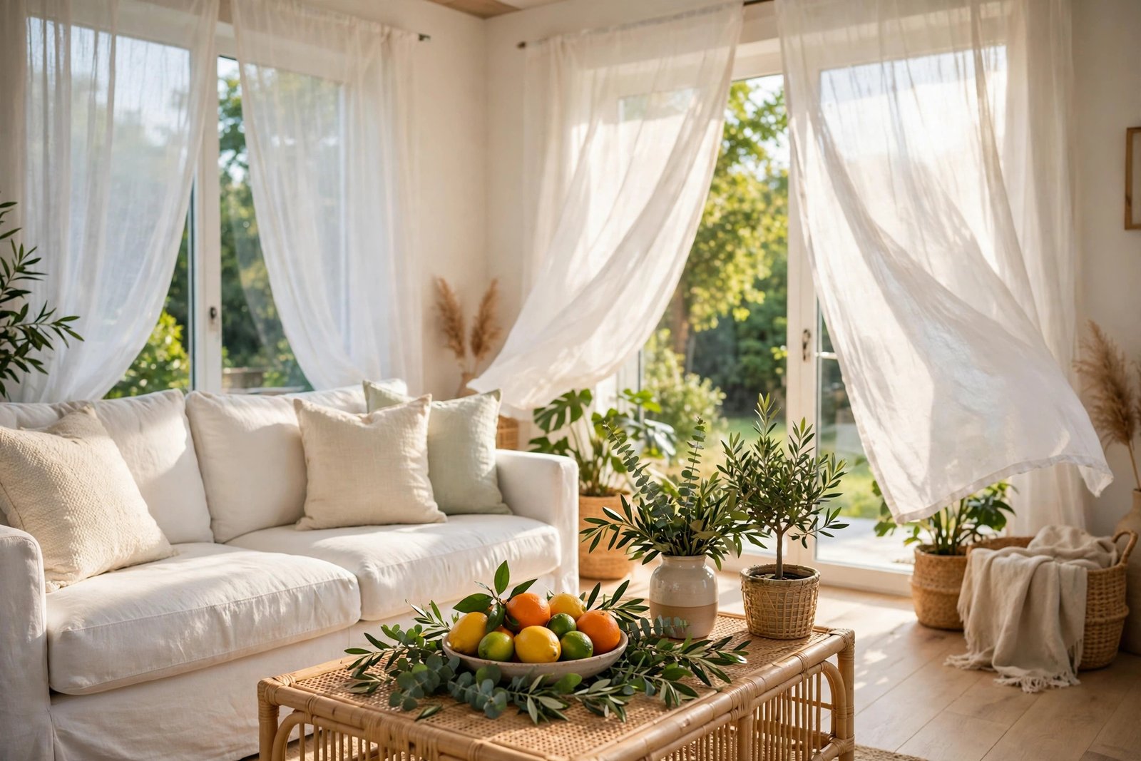Modern ceiling fan with wooden blades spinning in a bright living room with a sofa, plants and large windows