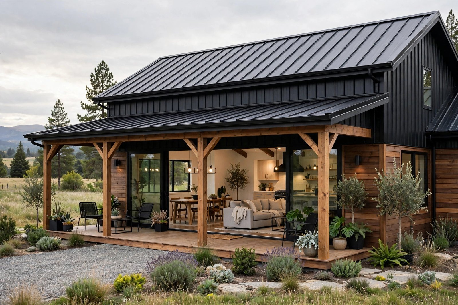 Modern barndominium exterior with black metal roof, wooden porch posts, and open-concept living space visible through large windows