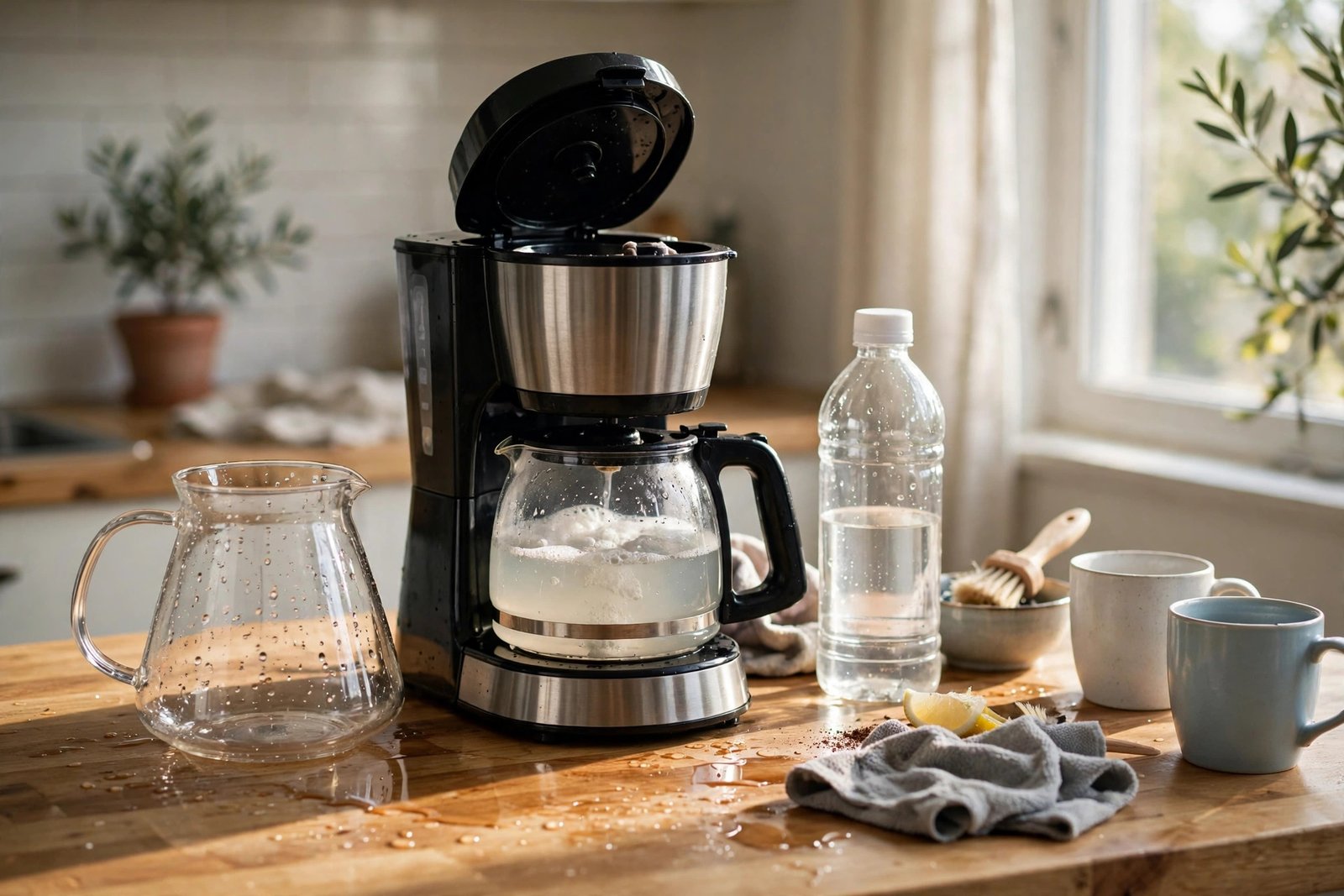 Cosy home coffee station on a wooden kitchen counter with a compact espresso machine, airtight canisters of coffee beans, ceramic mugs hanging from under-cabinet hooks and a small potted herb in warm morning light