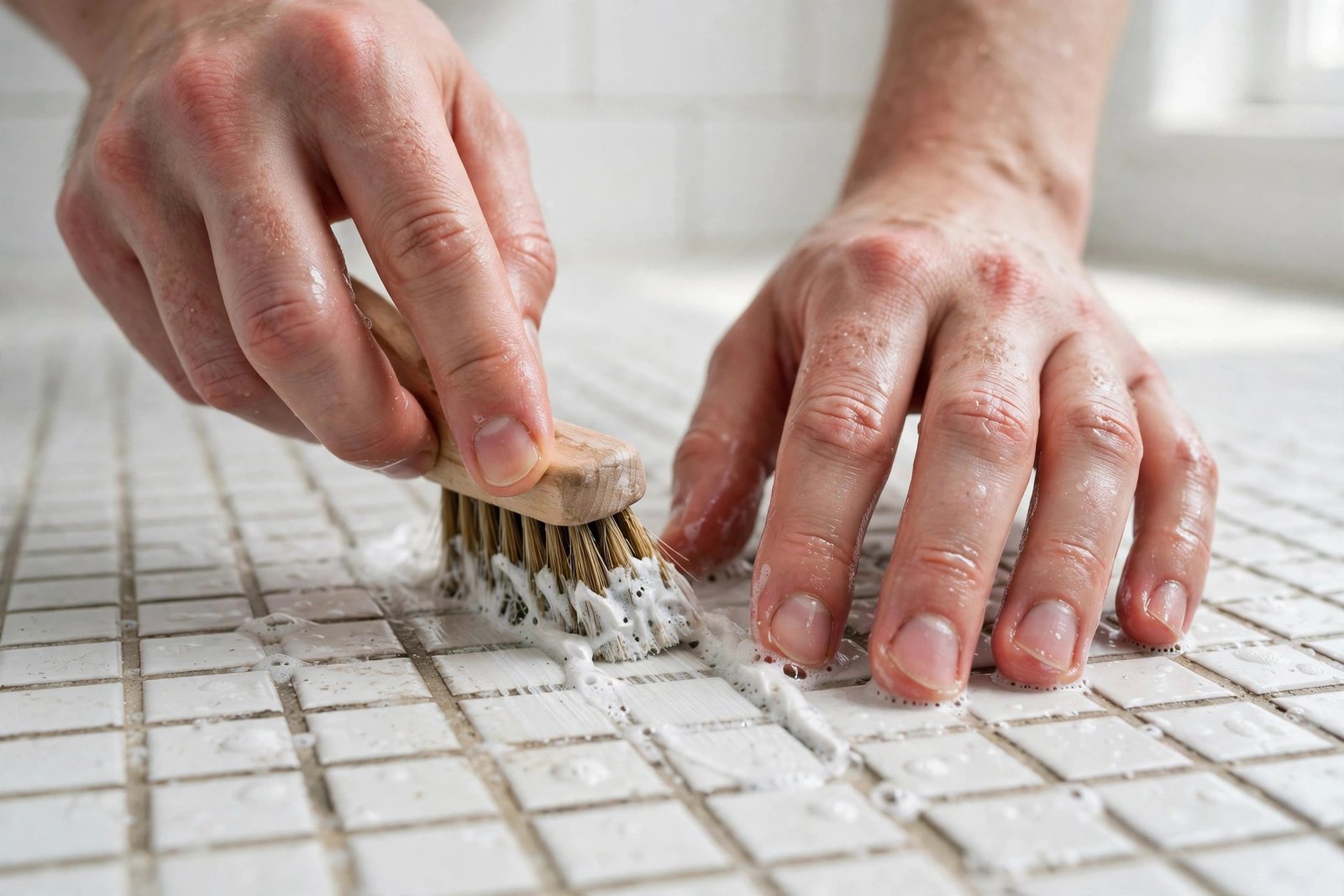 Person scrubbing white bathroom tile grout lines with a brush and foamy cleaner, close-up view of tiles