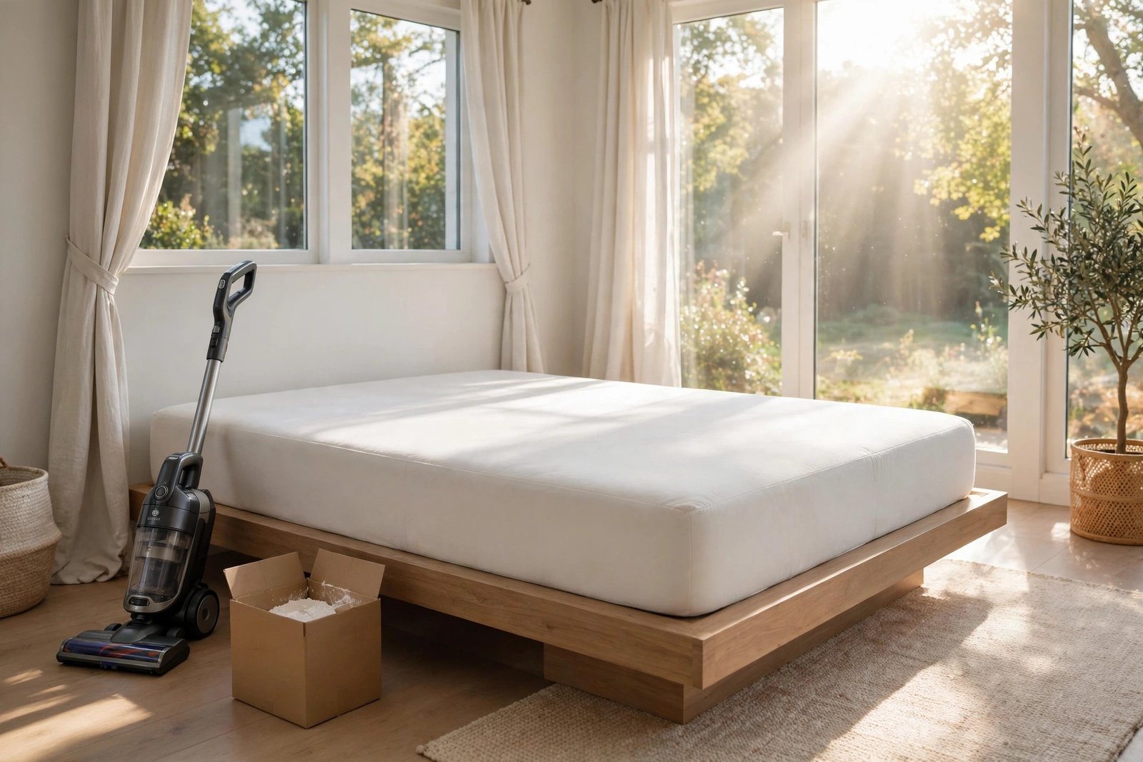 Freshly cleaned bare mattress in a bright bedroom with sunlight streaming in, vacuum and baking soda box beside the bed