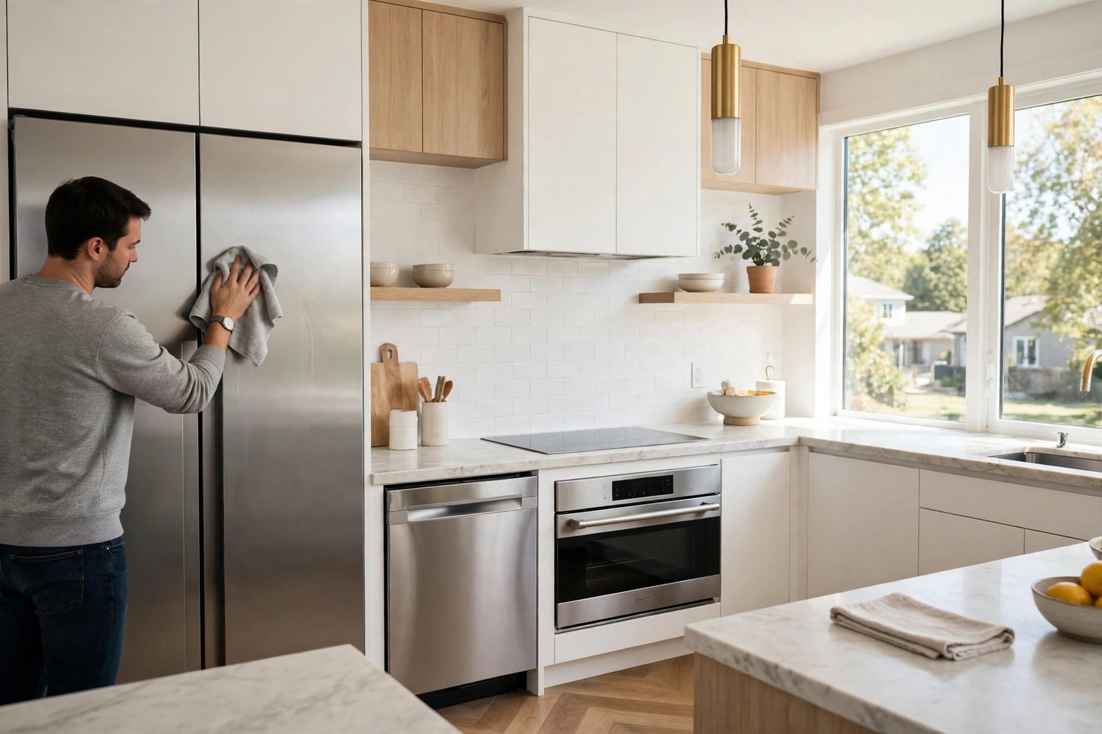 Bright modern kitchen with a spotless stainless steel refrigerator, oven and dishwasher, a person wiping the fridge door with a soft microfiber cloth
