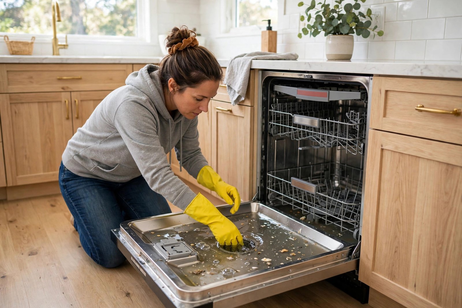 Open dishwasher with standing water in the bottom, a person in rubber gloves checking the drain filter at the base of the tub in a bright kitchen