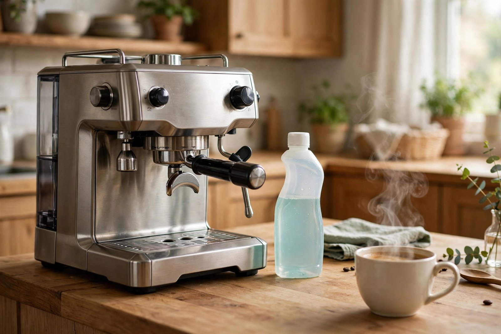 Glass coffee carafe filling from a drip coffee maker beside a bottle of white vinegar and a jar of citric acid on a warm kitchen counter