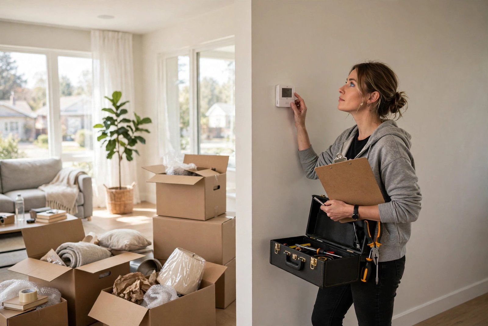 New homeowner in a bright living room holding a clipboard and toolbox beside unpacked moving boxes, checking a wall thermostat