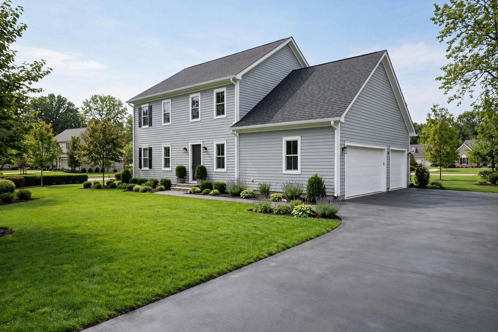Well-maintained suburban house exterior with clean roof, white gutters, freshly painted siding, manicured lawn and sealed concrete driveway