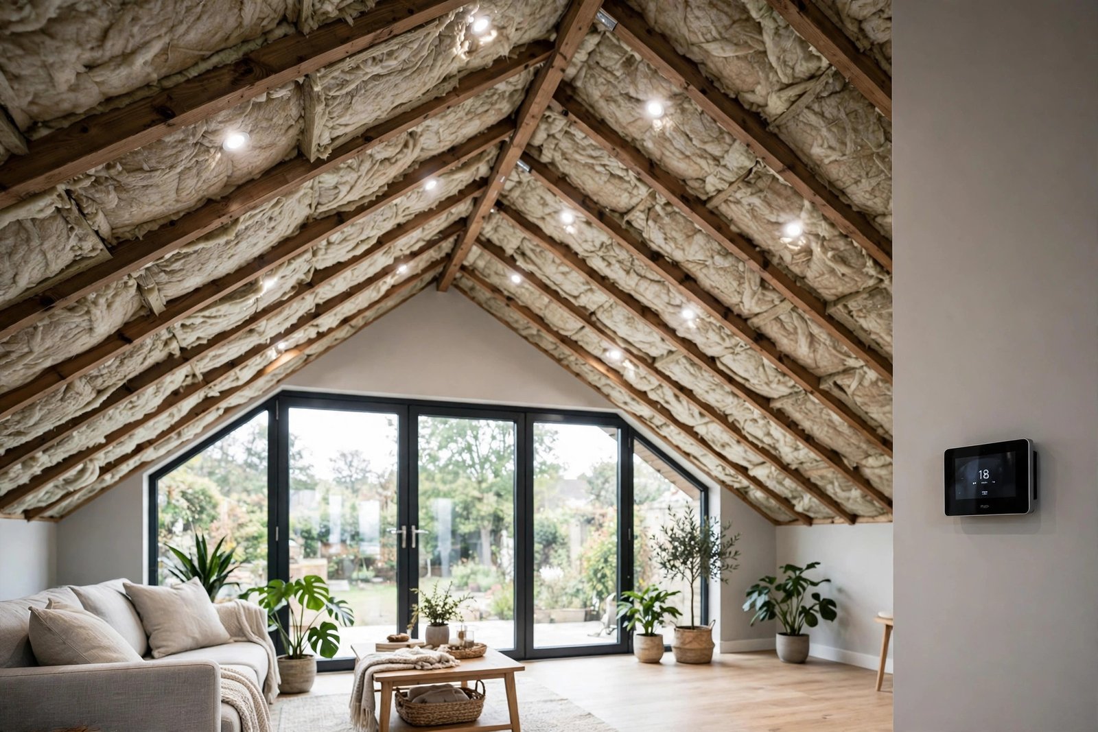 Bright energy efficient home interior with thick insulated attic, double glazed windows, LED lighting and a modern heat pump thermostat on the wall