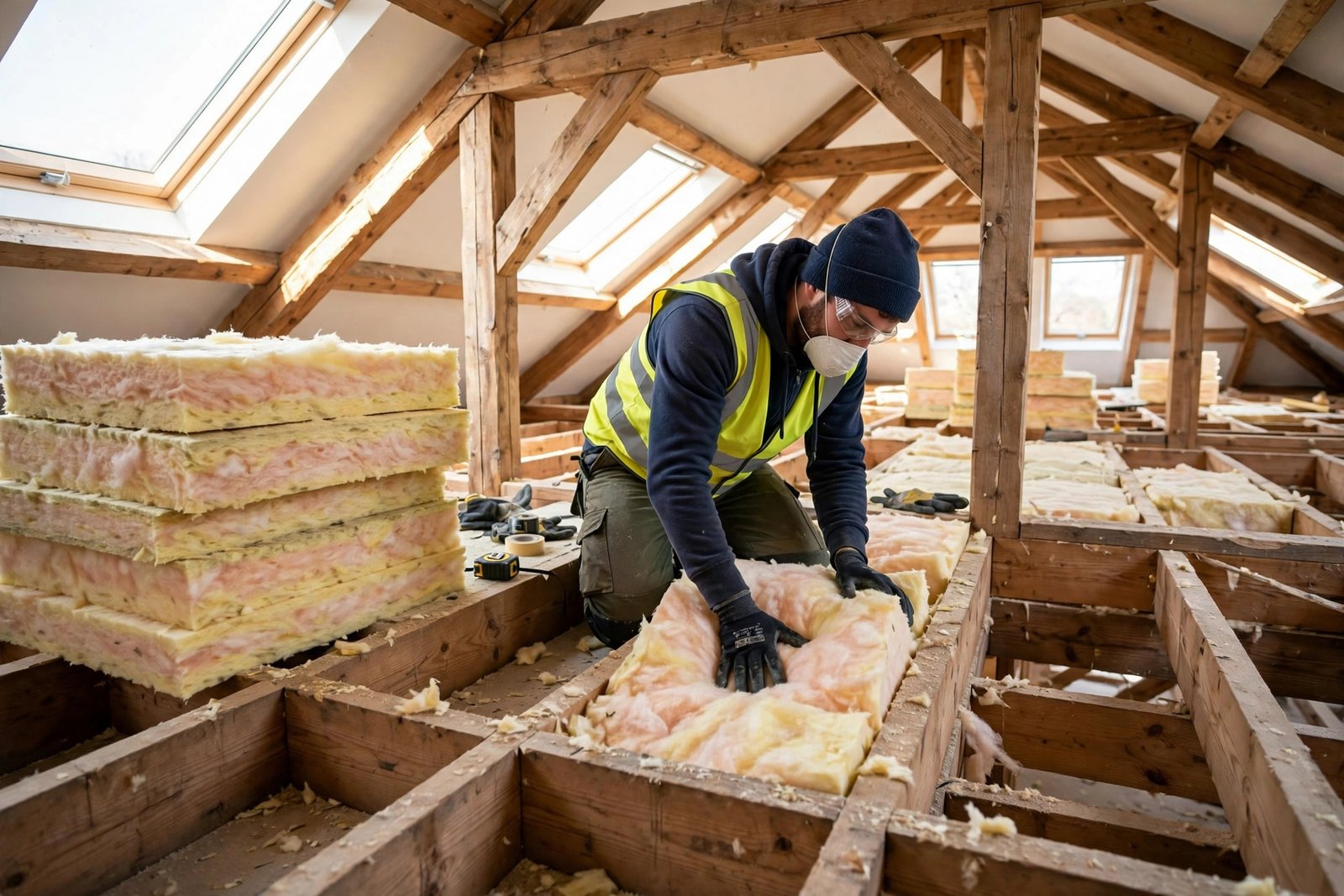 Worker installing thick fibreglass insulation batts between wooden attic joists in a bright, well-lit roof space