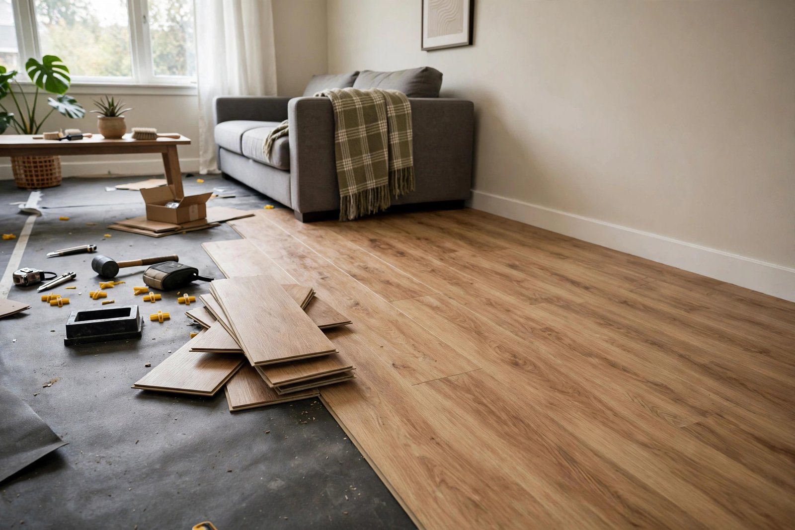 Sunlit living room with light oak plank flooring, a grey sofa, wooden coffee table and large windows