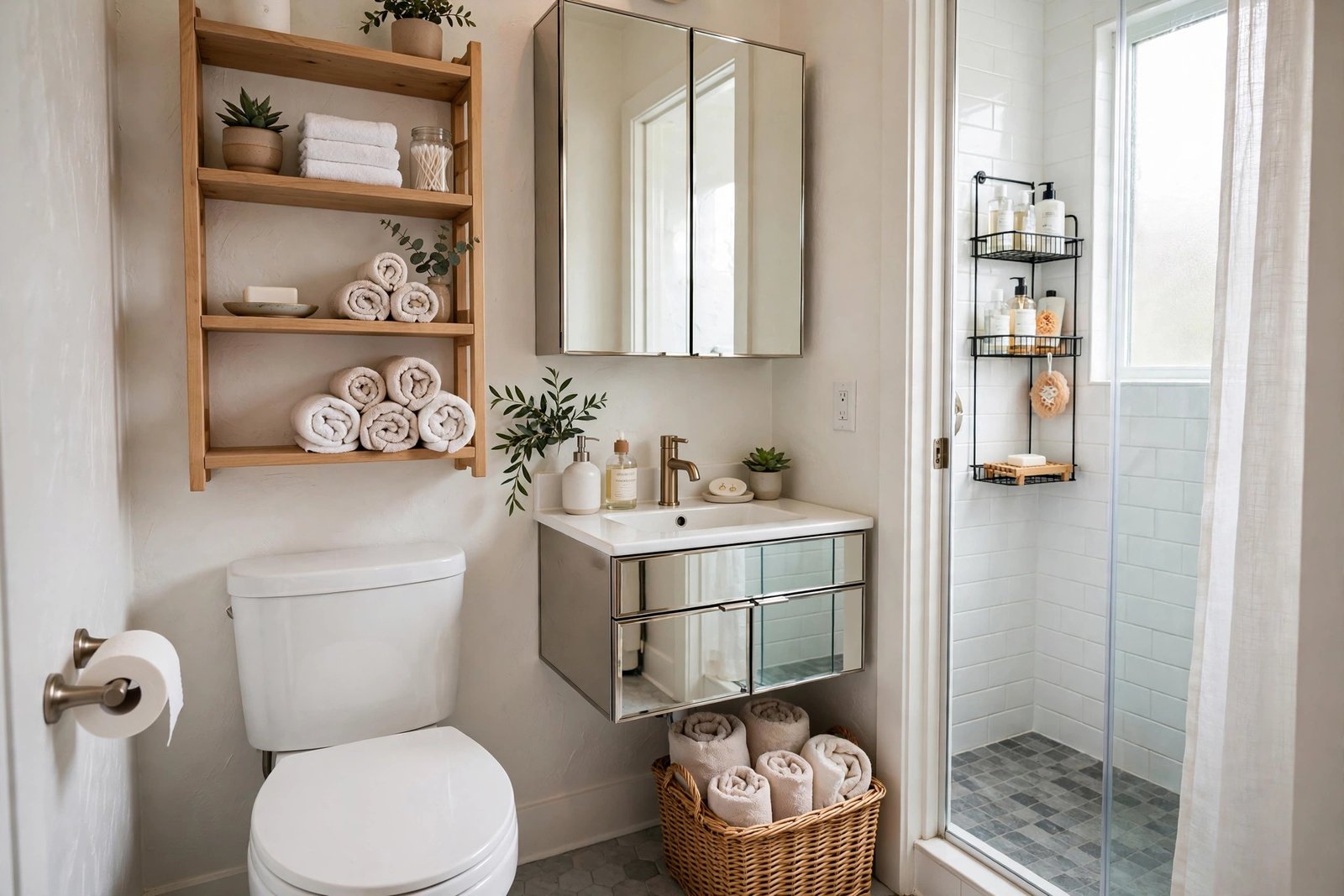 Newly installed white ceramic toilet in a bright modern bathroom with tiled floor and wooden vanity