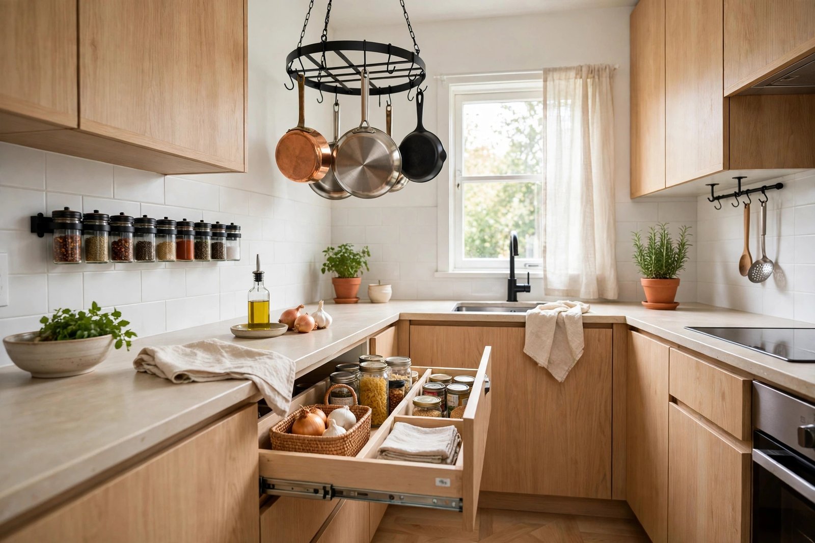 Cosy herbal apothecary kitchen shelf with rows of labelled amber glass jars, bundles of dried herbs hanging from a wooden rail, woven baskets and warm evening light