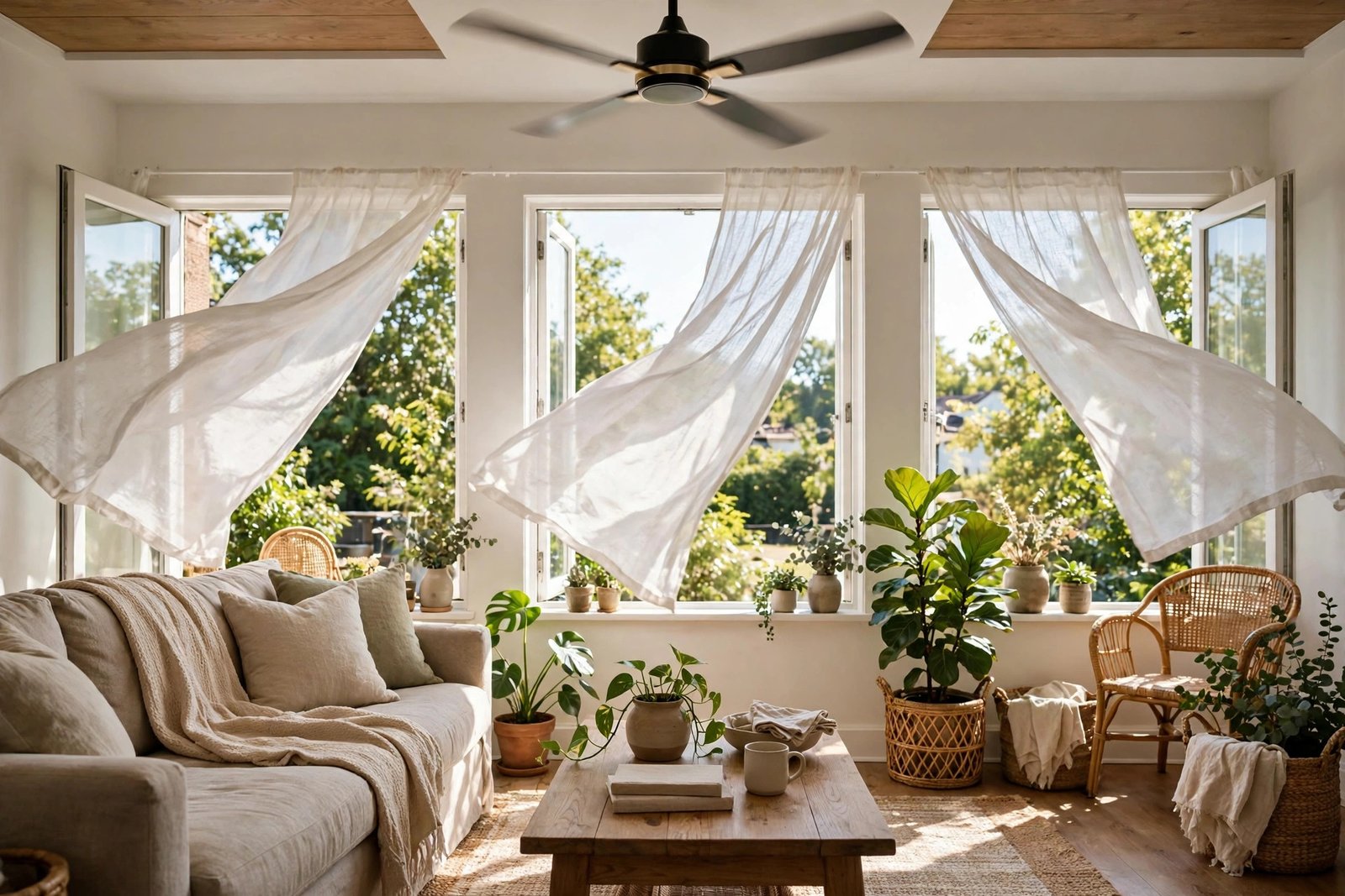 Sunlit bedroom with open windows, billowing sheer curtains, a ceiling fan, and an indoor plant demonstrating natural passive cooling without air conditioning