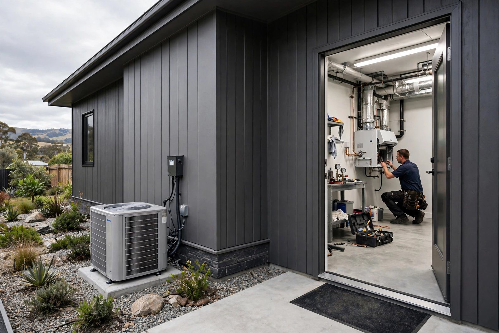 Photorealistic scene of a homeowner inspecting a modern home furnace in a clean basement utility room, kneeling beside the unit and checking its control panel, no text in image