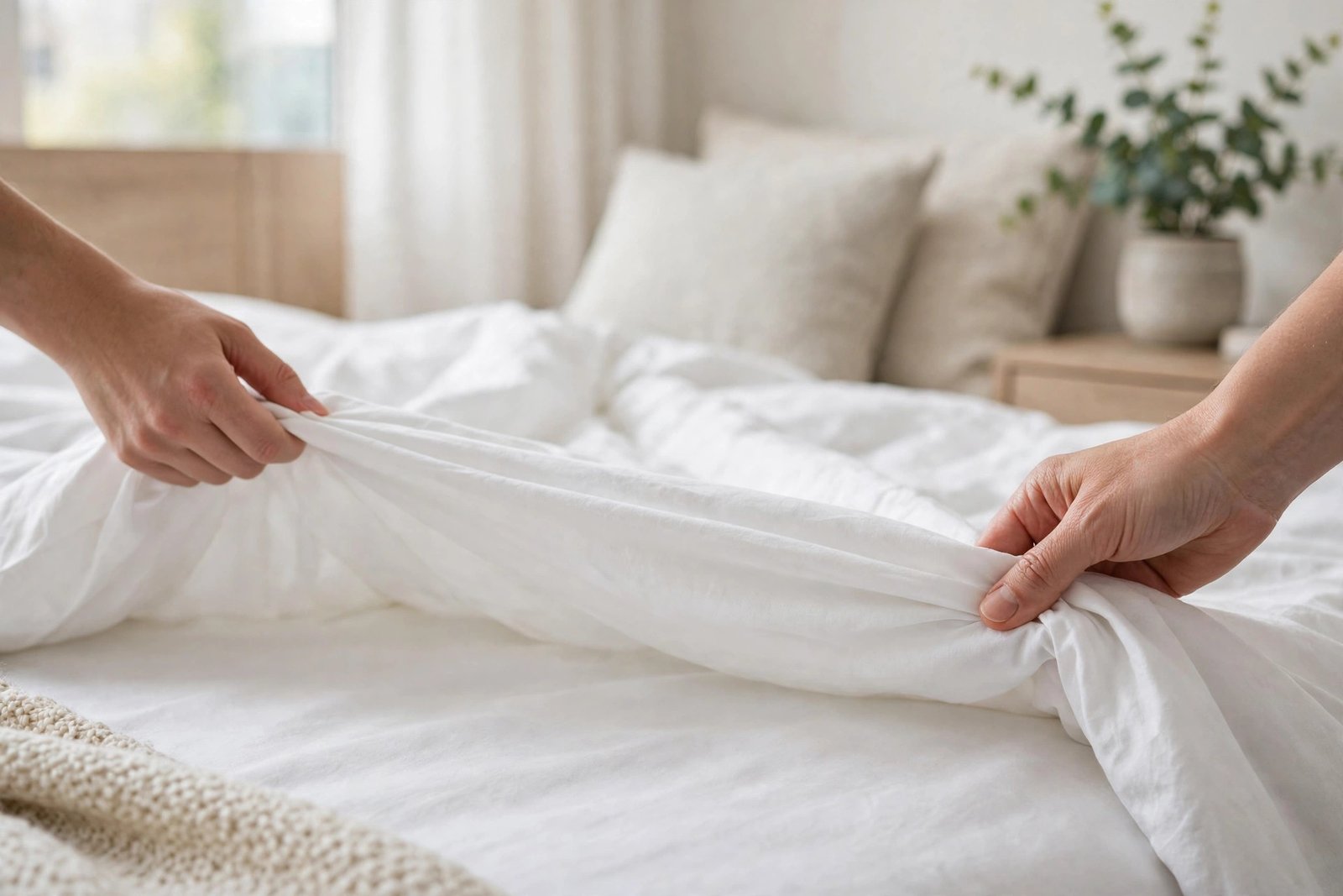 Person smoothing a plush white duvet cover over a comforter on a neatly made bed