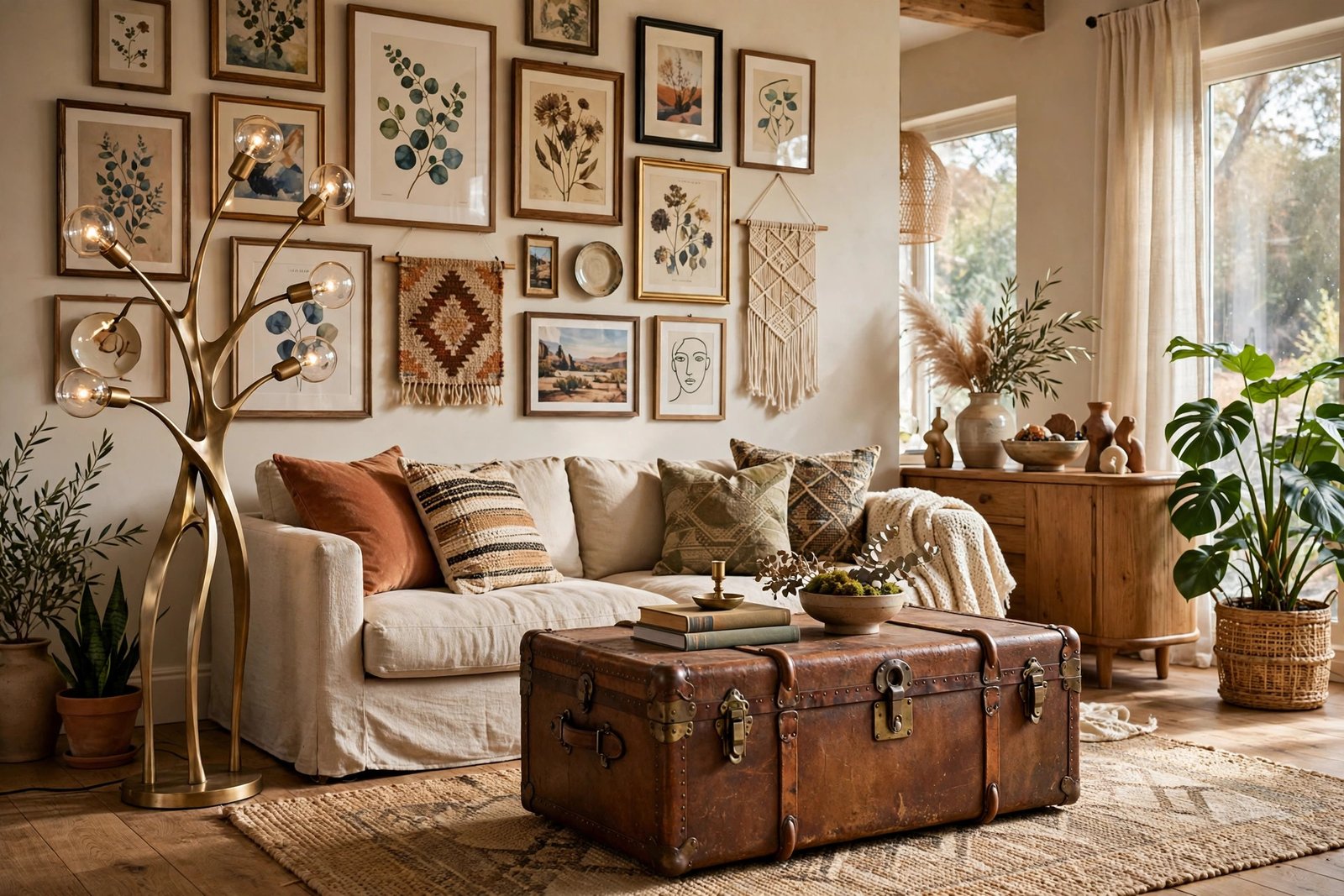 Living room styled with unique home decor ideas including sculptural lighting, vintage finds and statement wall art